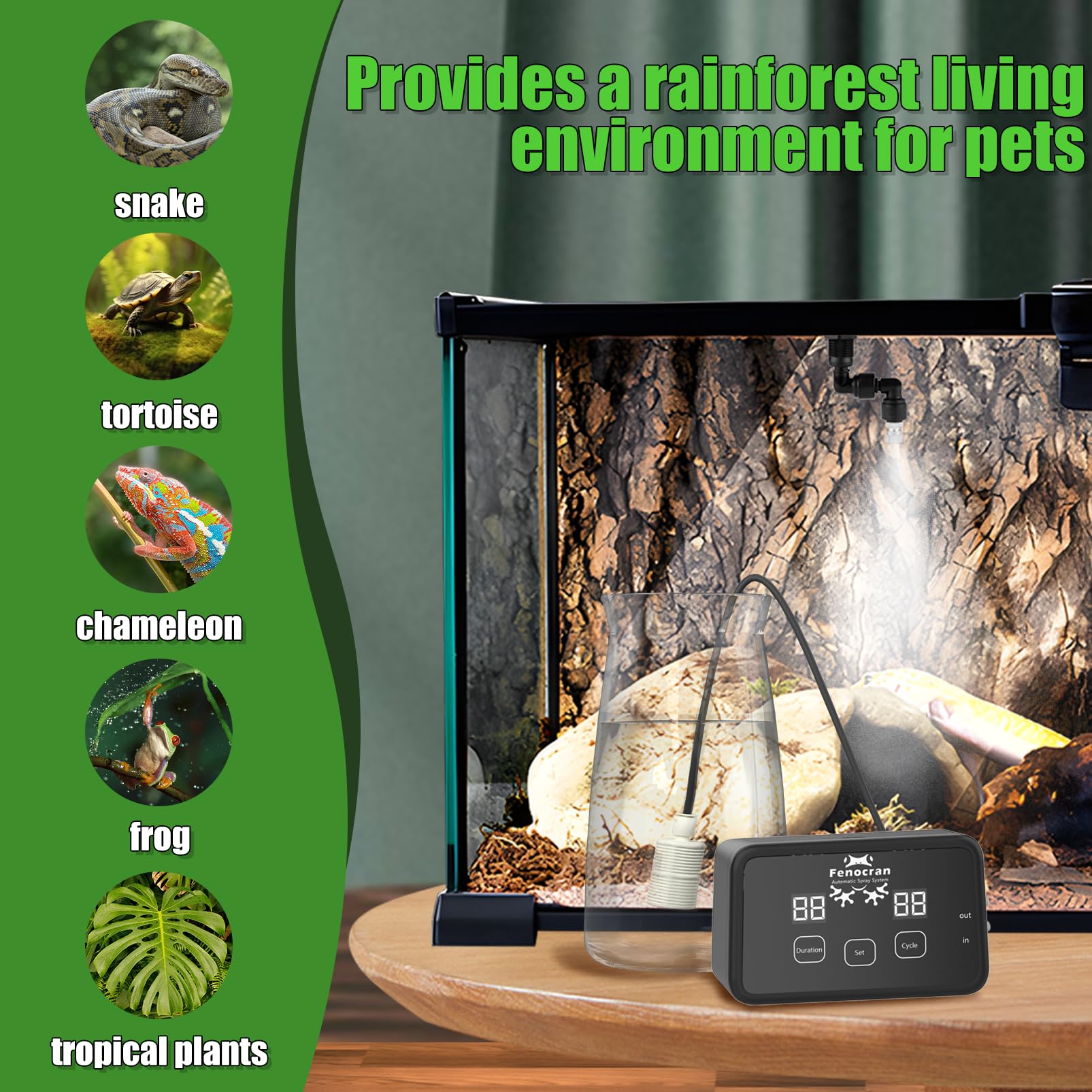 Fenocran automatic reptile mister system two nozzles creating gentle rainforest mist