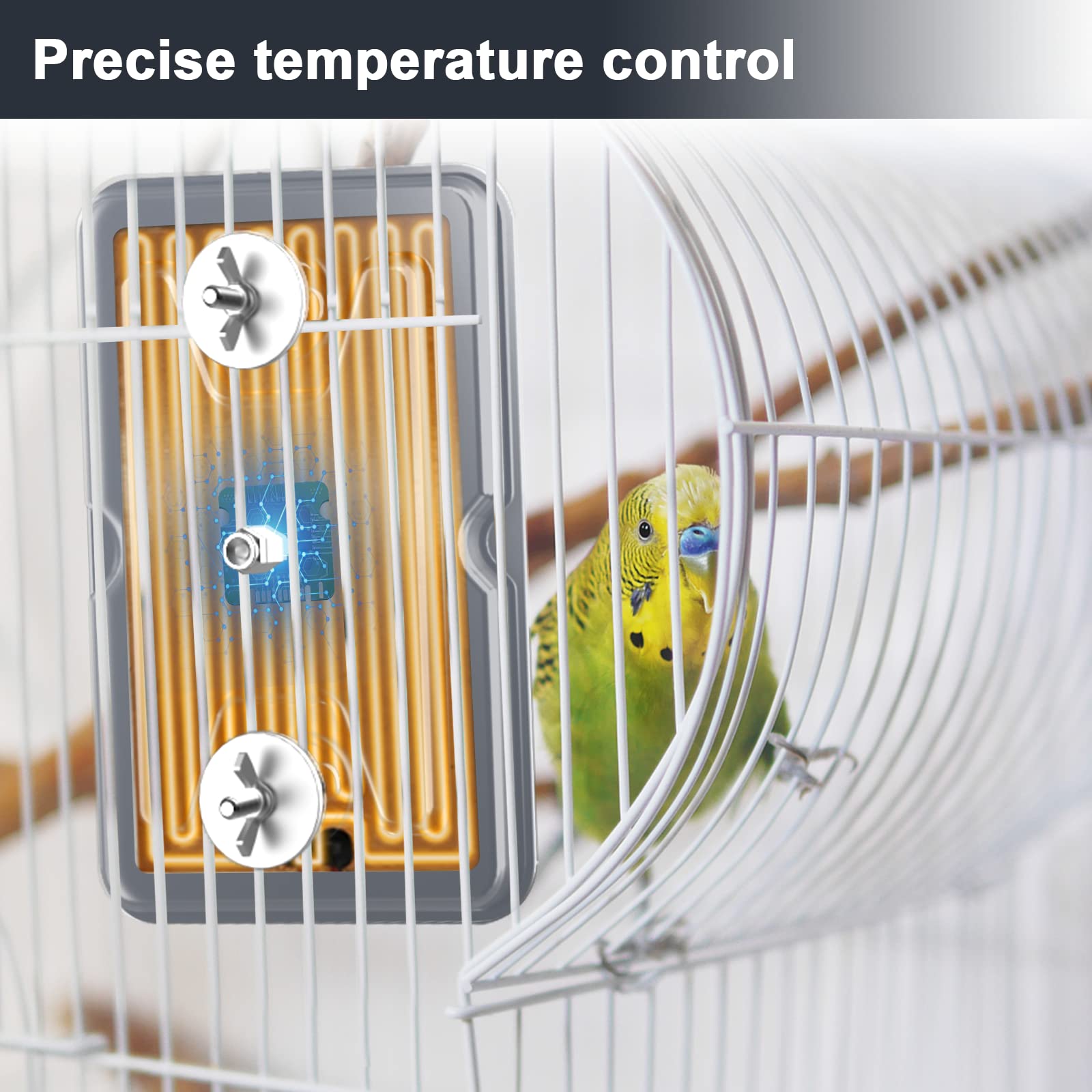 Fenocran Indoor Bird Heater Pad thermostat front view highlights safe, controlled heat at about 106°F.