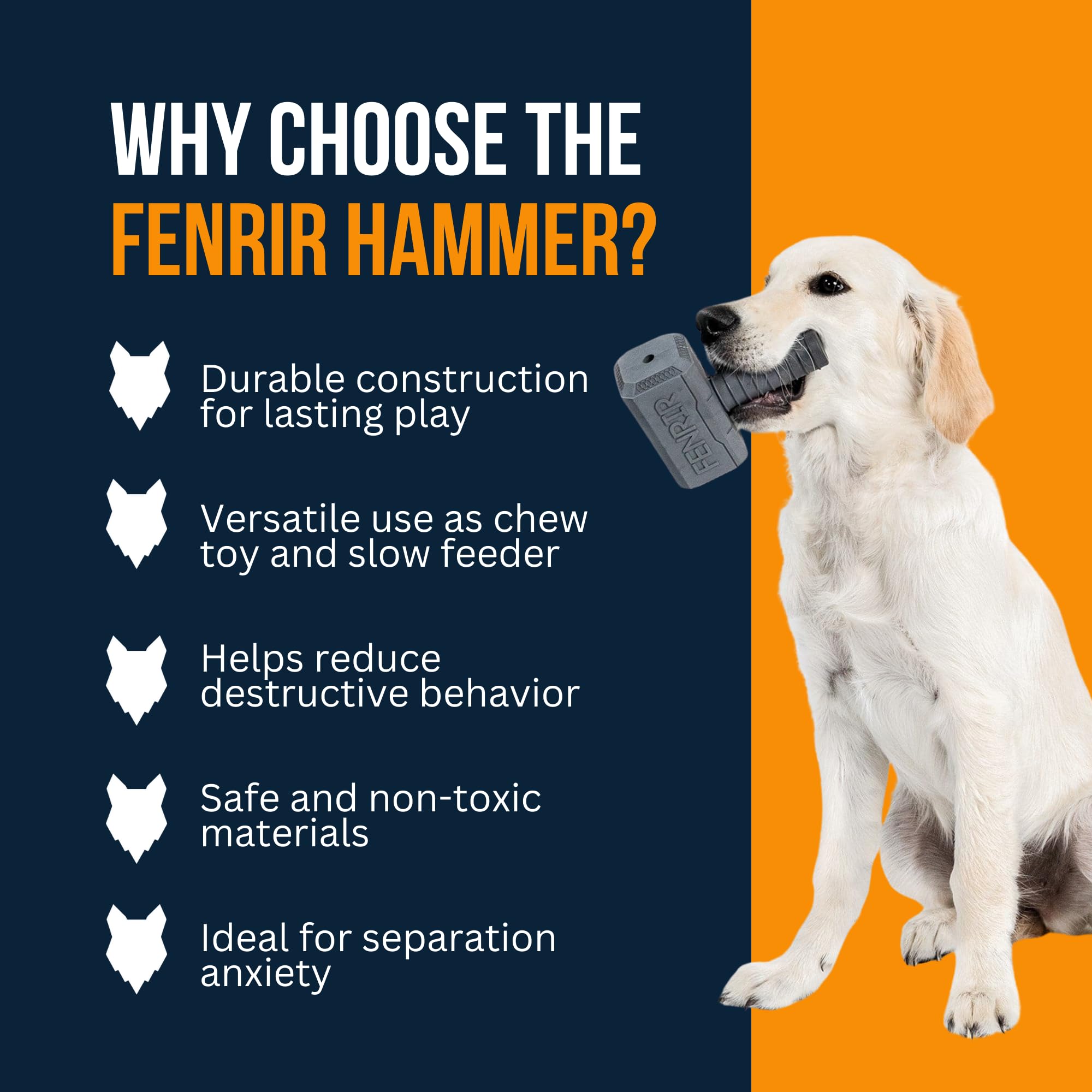 Fenrir Hammer treat-stuffing feature helps slow meals while providing tasty enrichment during canine snack time.