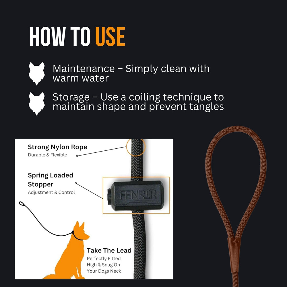 Fenrir Slip Leash brand-logo close-up reinforces trusted training tool