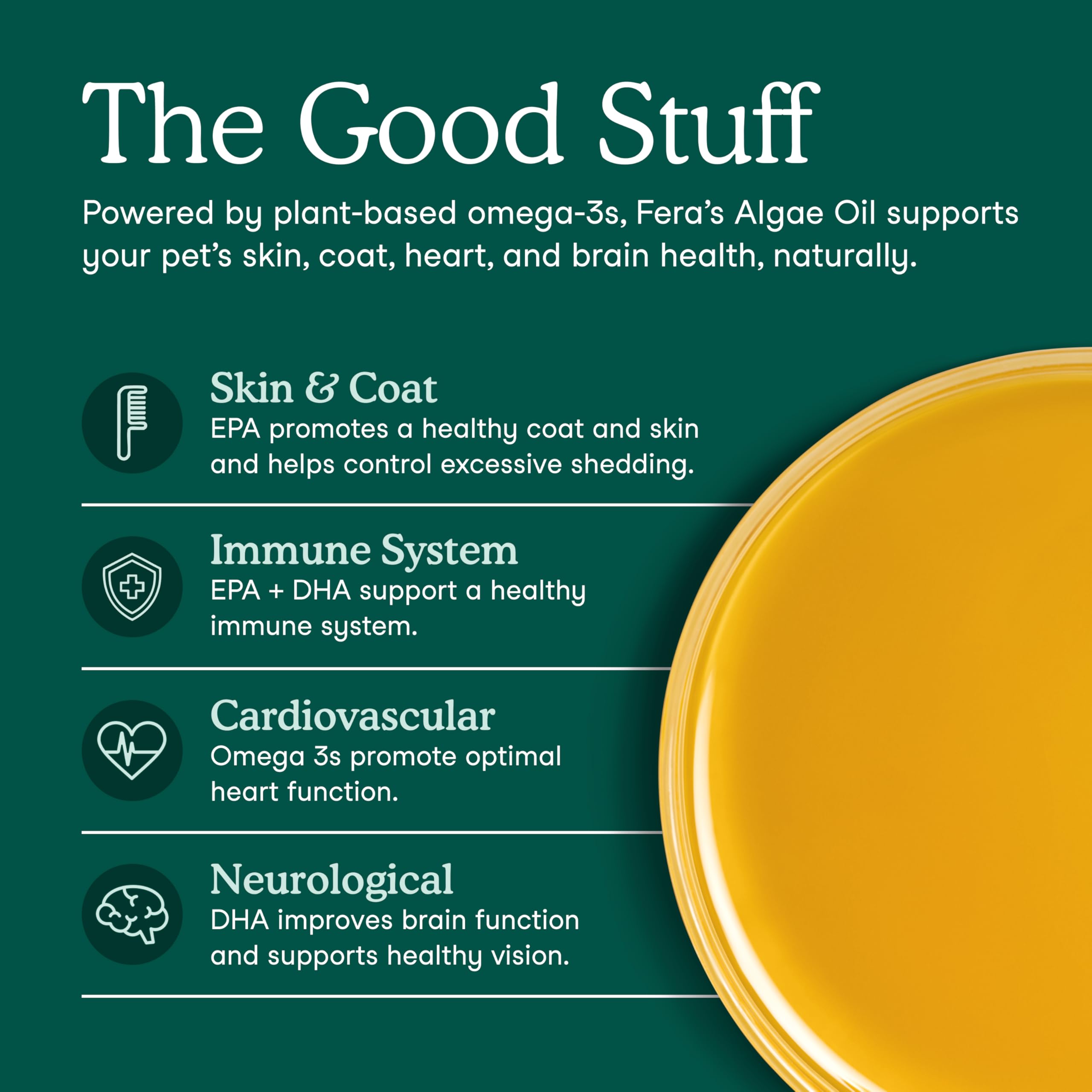 Fera Pets Algae Oil ingredients-graphic highlights DHA, EPA and flaxseed for plant-based omega-3.