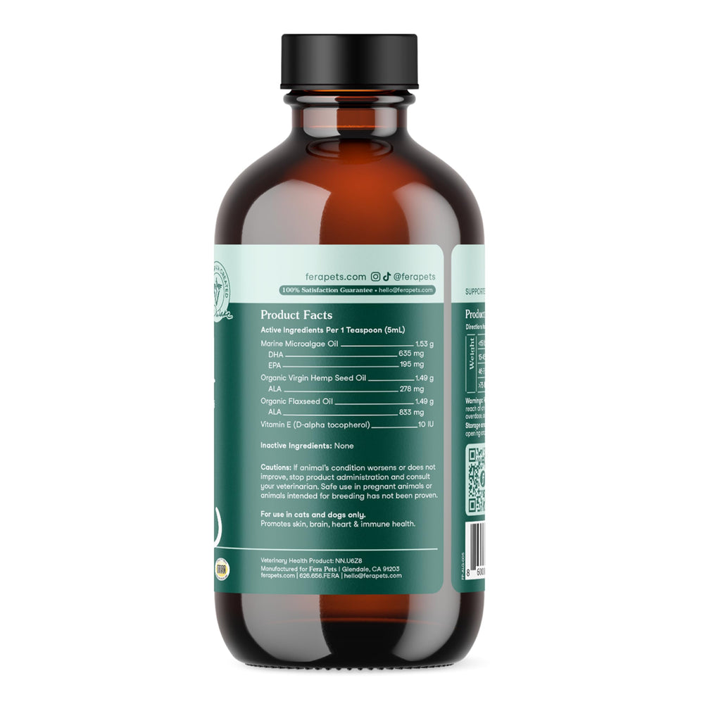 Fera Pets Algae Oil label-nasc-usa showcases NASC seal and USA-made quality.