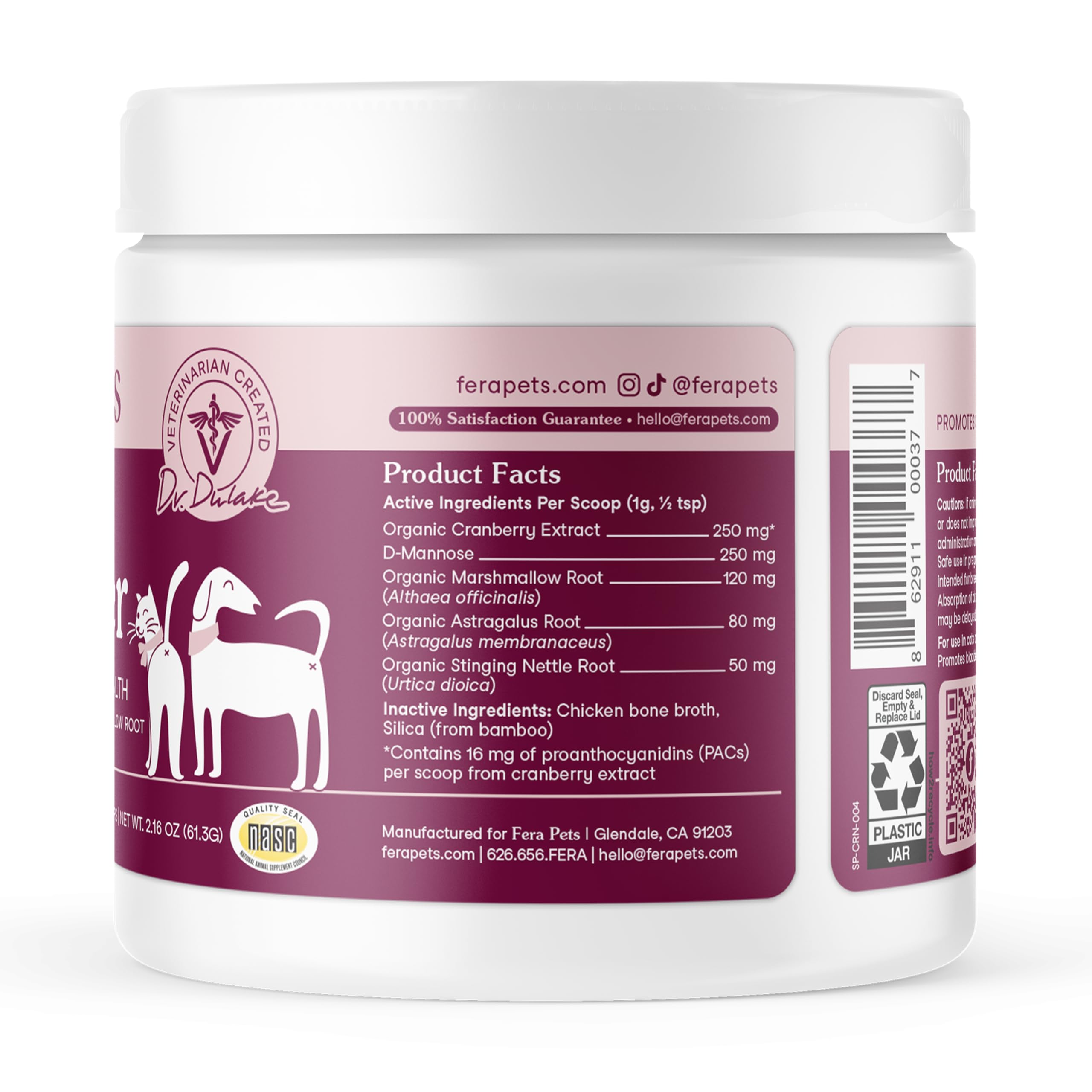 Fera Pets bladder-support-label-front shows NASC-certified safety branding for pet health.
