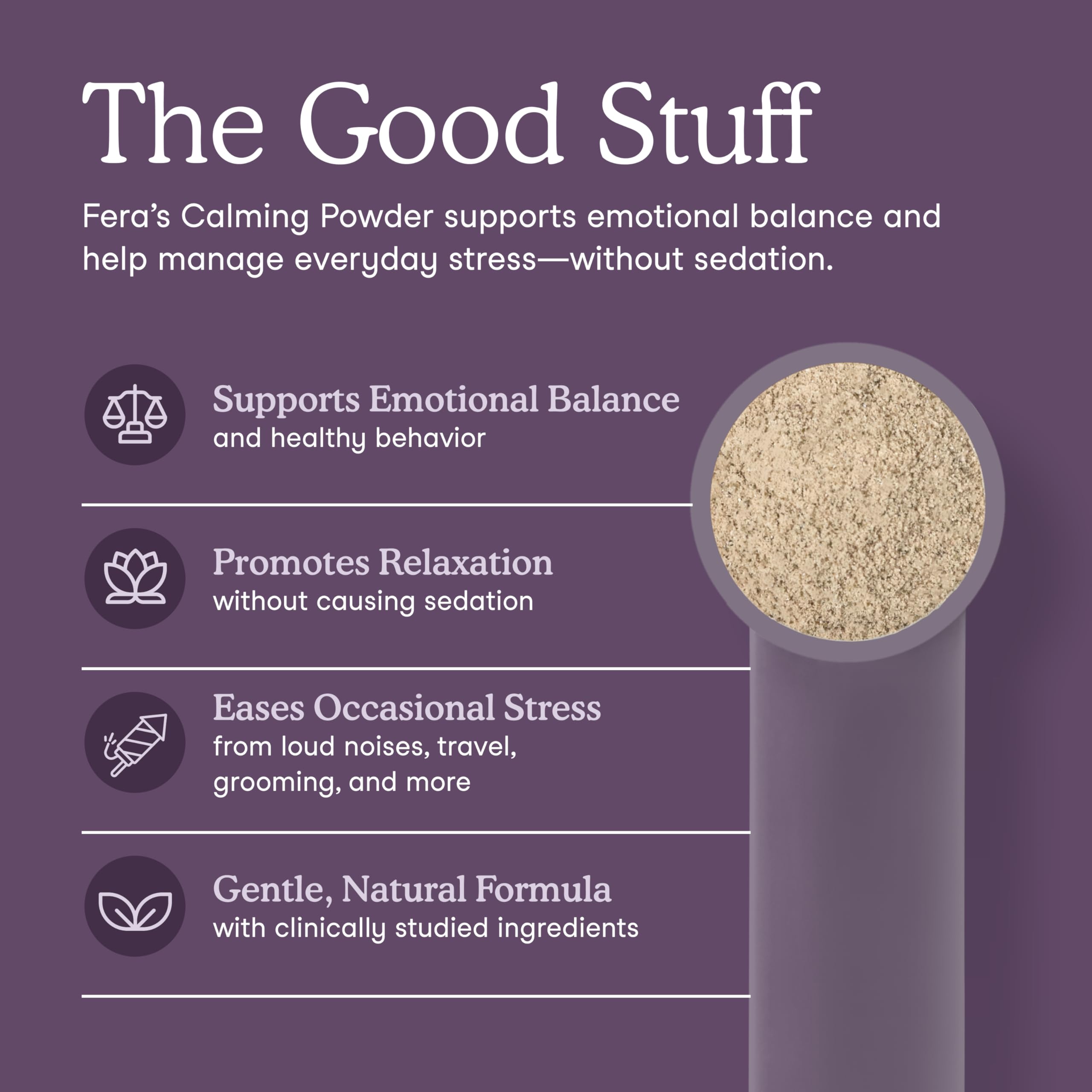 Fera Pets Calming probiotics label highlights gut-brain mood balance.