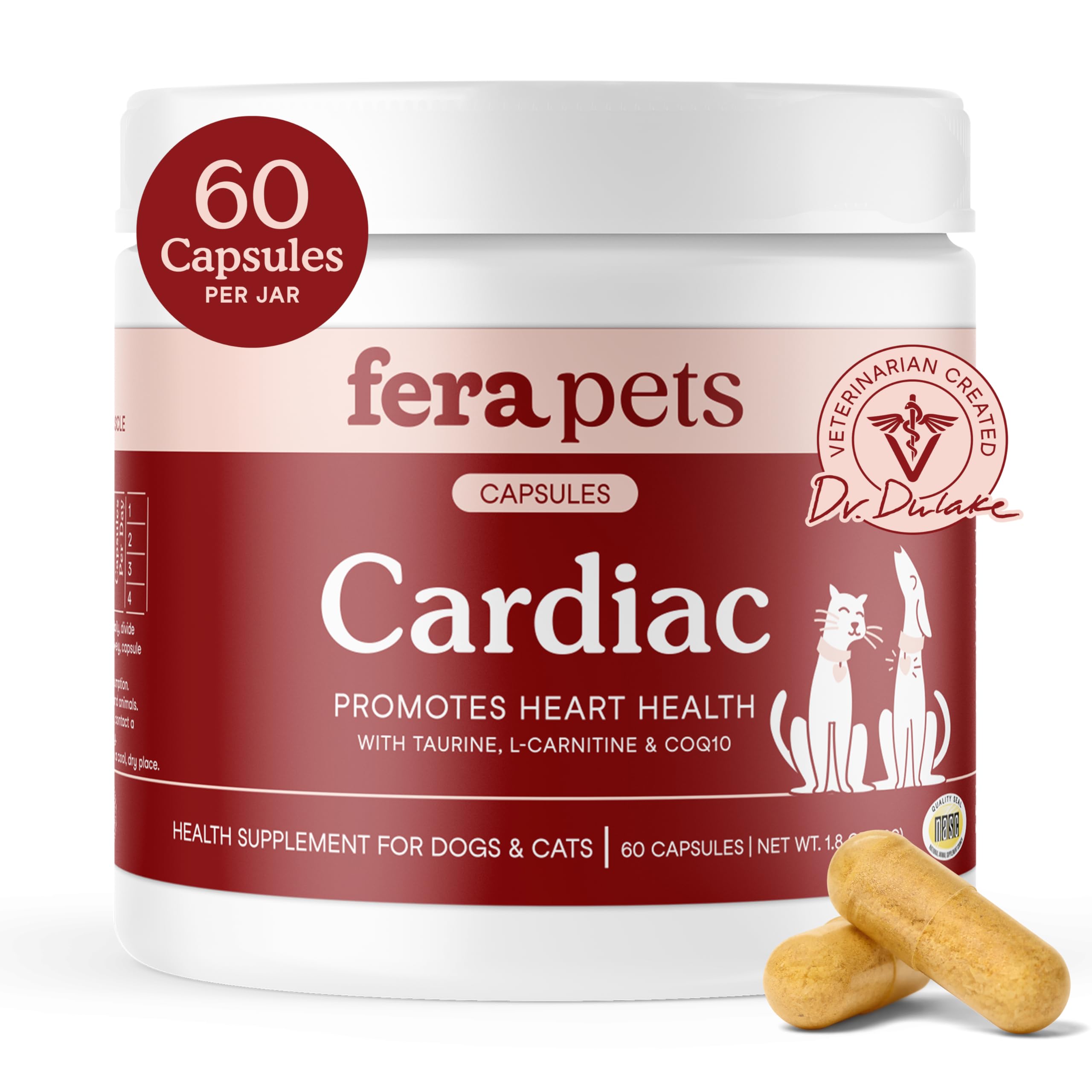 Fera Pets Cardiac Support bottle label highlighting a trusted heart supplement for pets