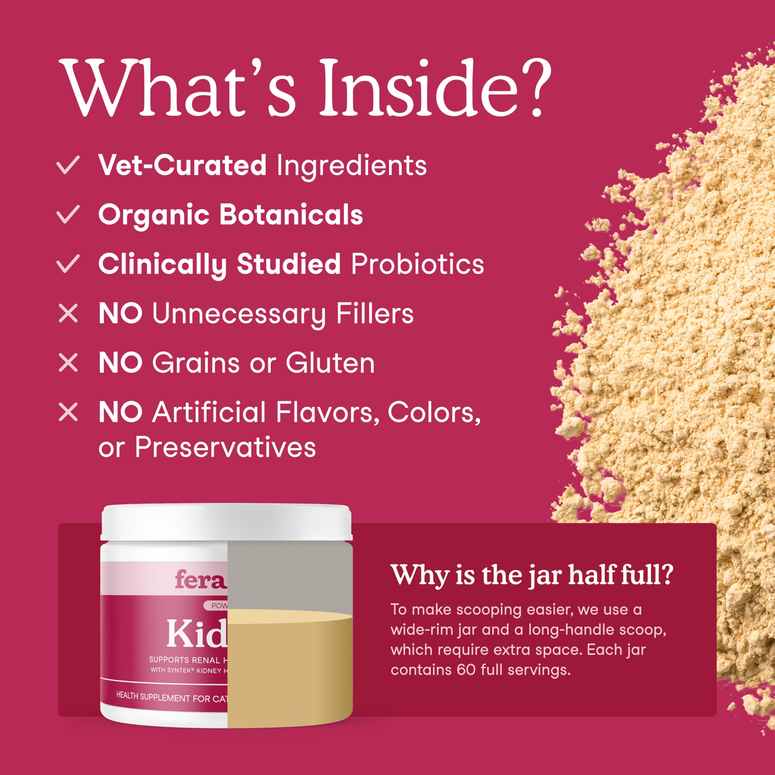 Fera Pets ingredients highlight cordyceps and astragalus for digestive and immune support.