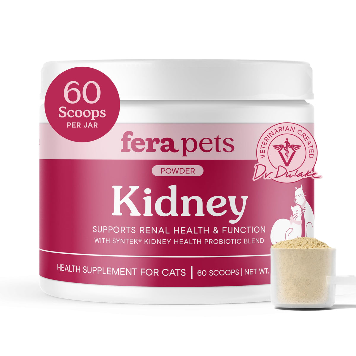 Fera Pets cat kidney support powder bottle demonstrates easy daily kidney health support in kibble.