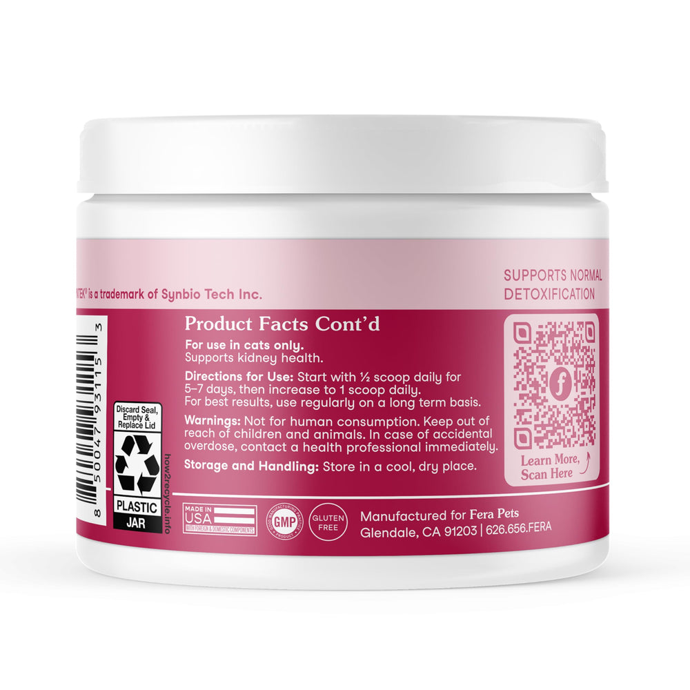 Fera Pets cat kidney support powder sprinkled on kibble illustrates a simple food topper use case.