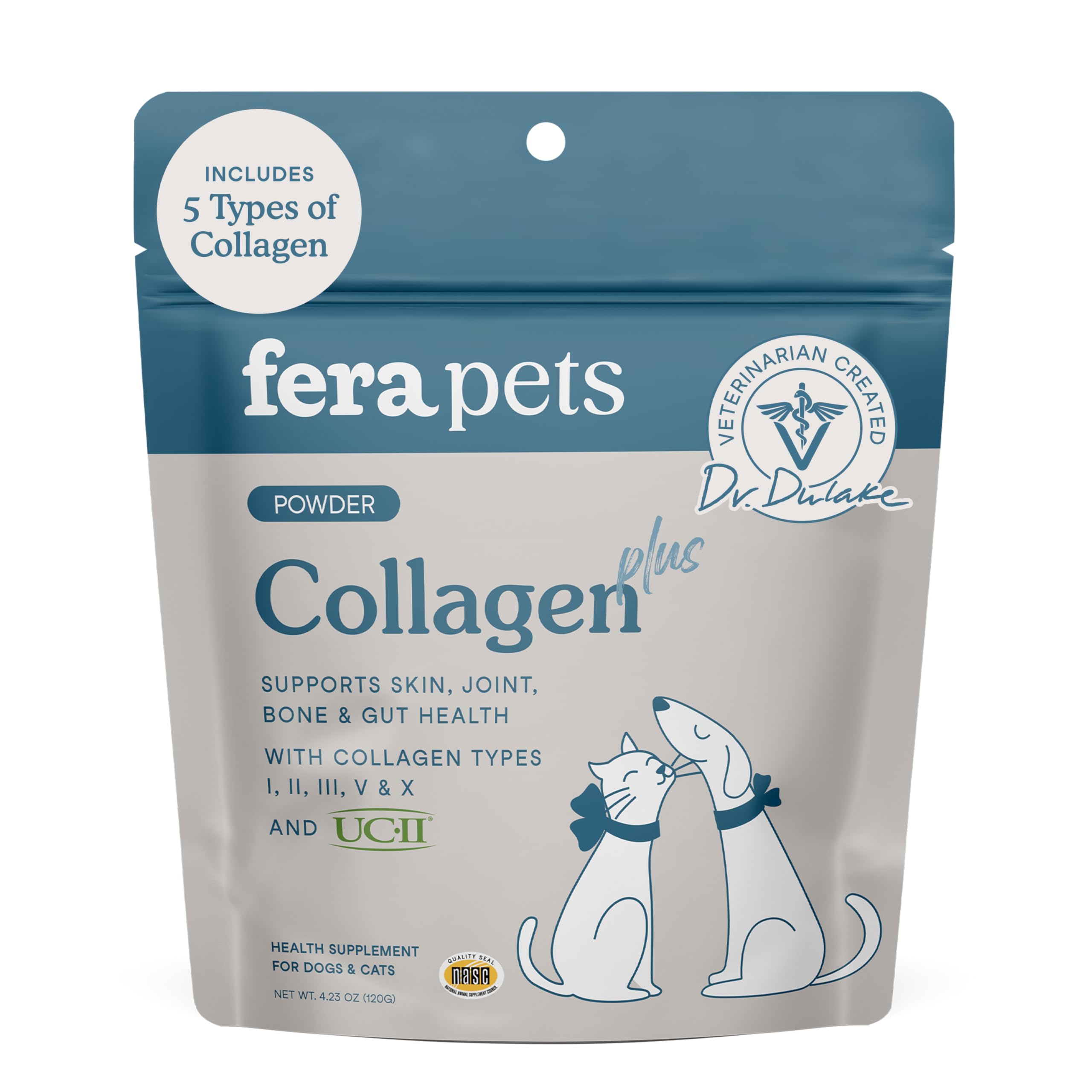 Fera Pets Collagen Powder bottle highlighting four-collagen blend for mobility support