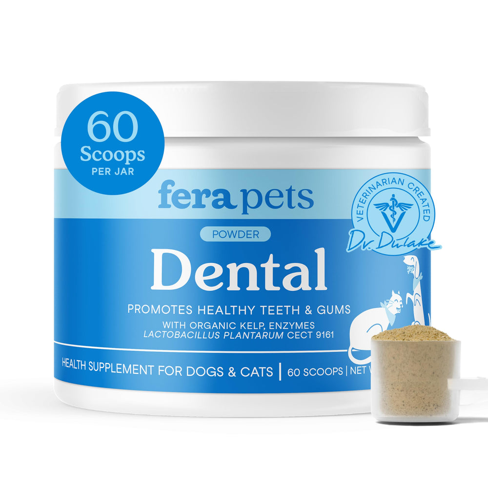 Fera Pets dental powder tub ready for easy brushing-free pet oral care.