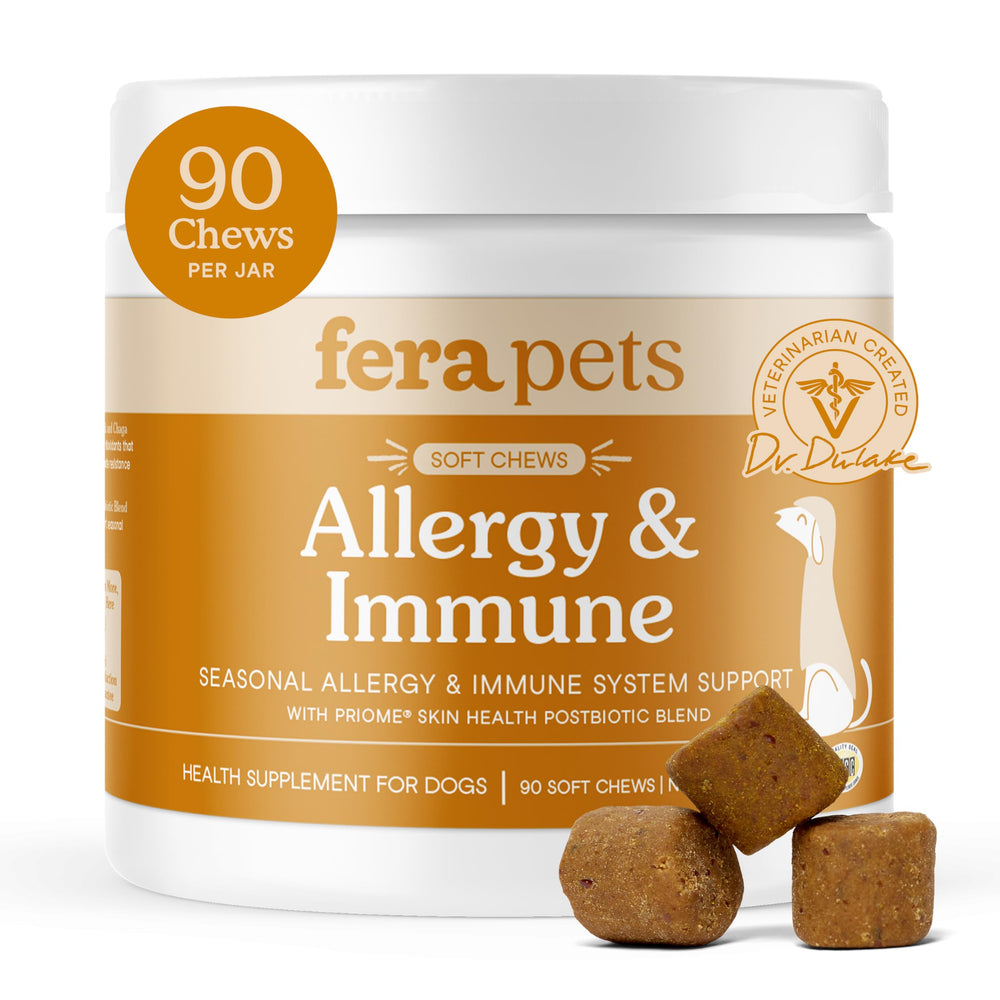 Fera Pets Dog Allergy Chews bottle front shows convenient daily supplement for itchy skin relief