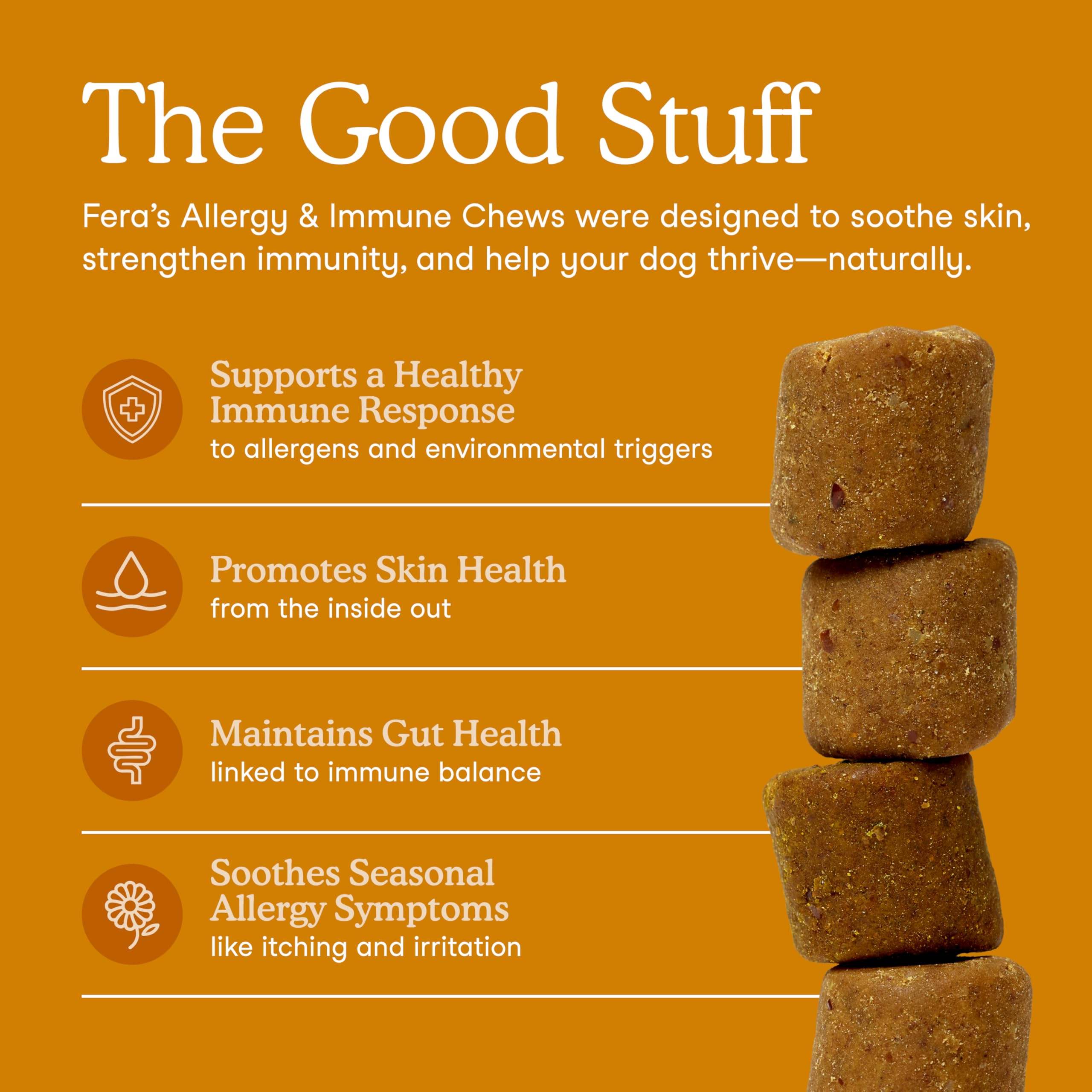 Fera Pets dog allergy chews closeup shows chewy texture and ingredient clarity.