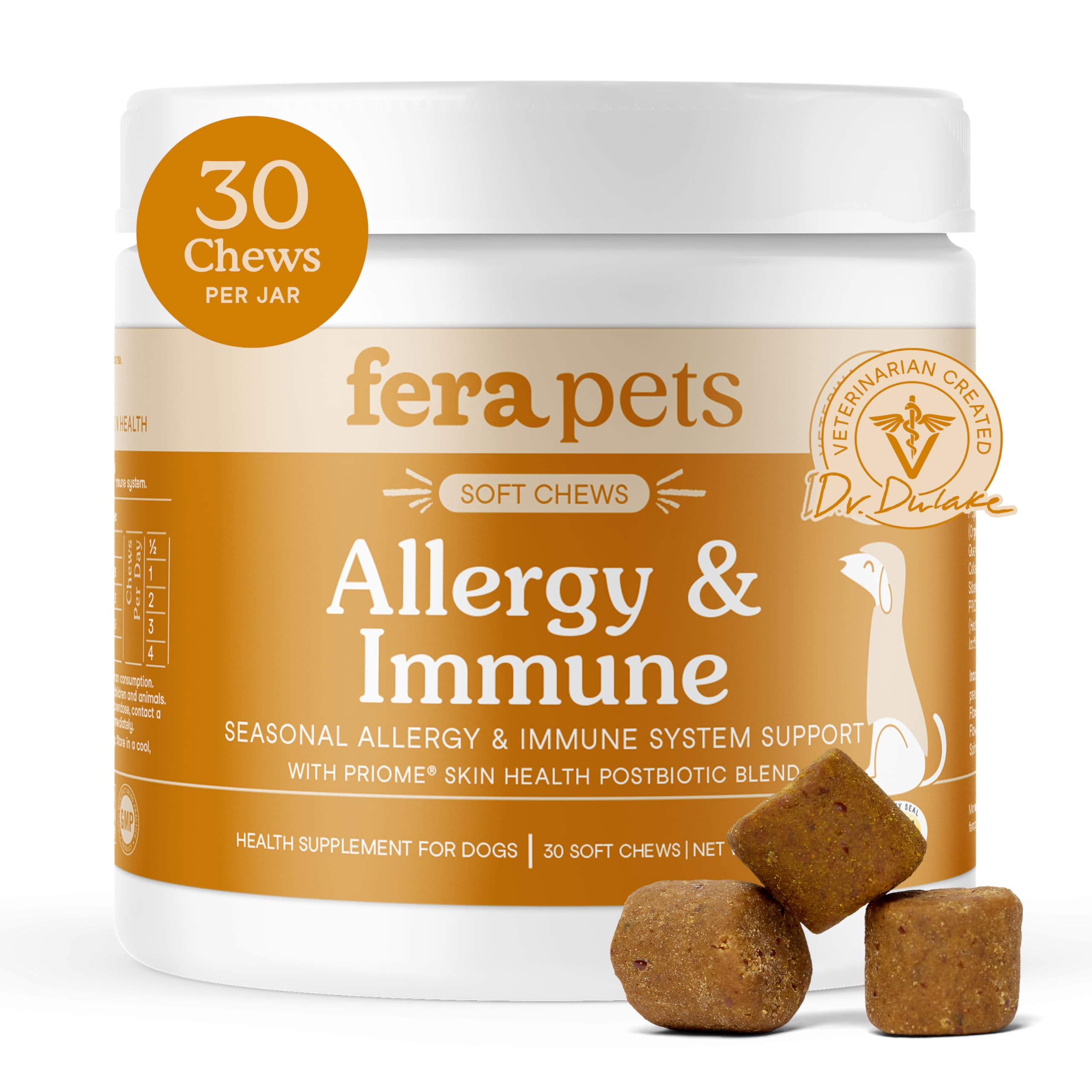 Fera Pets dog allergy immunity soft chews bottle demonstrates at-home immune support potential.