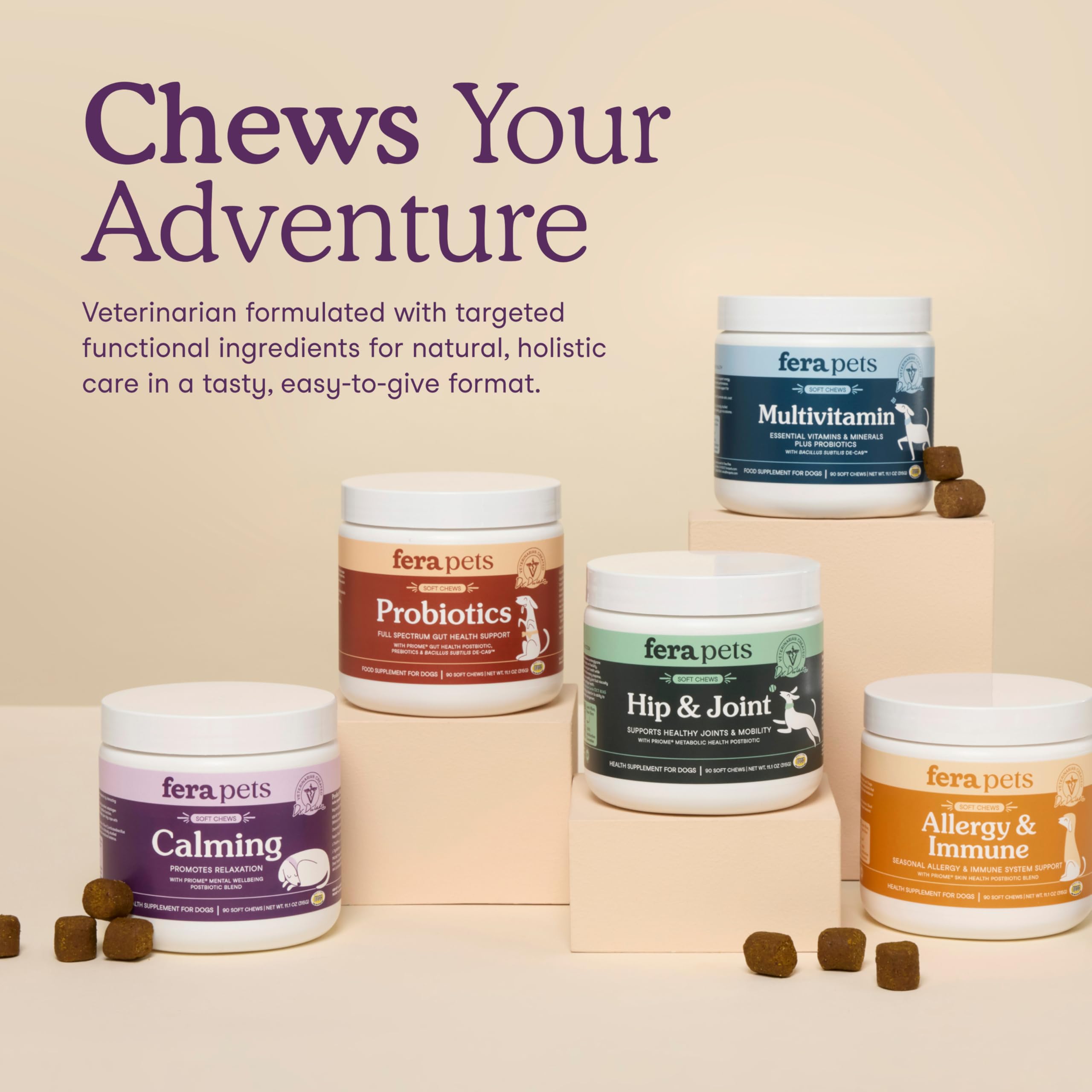 Fera Pets Dog Calming Chews travel-use scene suggesting stress reduction on trips