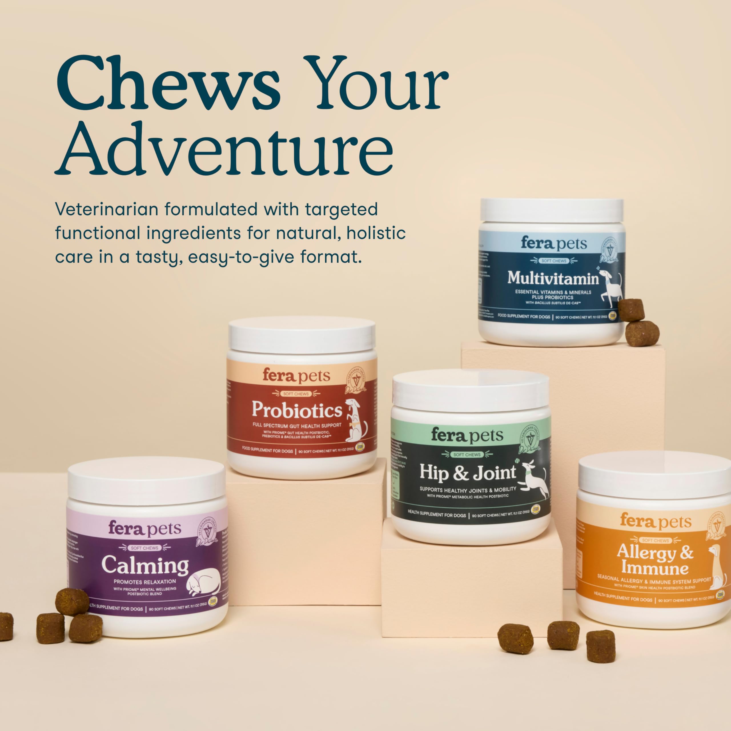 Fera Pets dog eating chews demonstrates easy daily routine.
