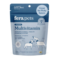 Fera Pets Goat Milk Topper bottle close-up highlighting vitamin-rich formula for dogs and cats.