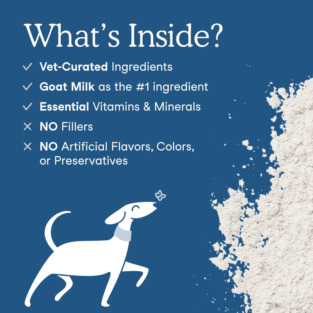 Fera Pets Goat Milk Topper probiotics powder bag detail highlighting natural ingredients and goat milk base.