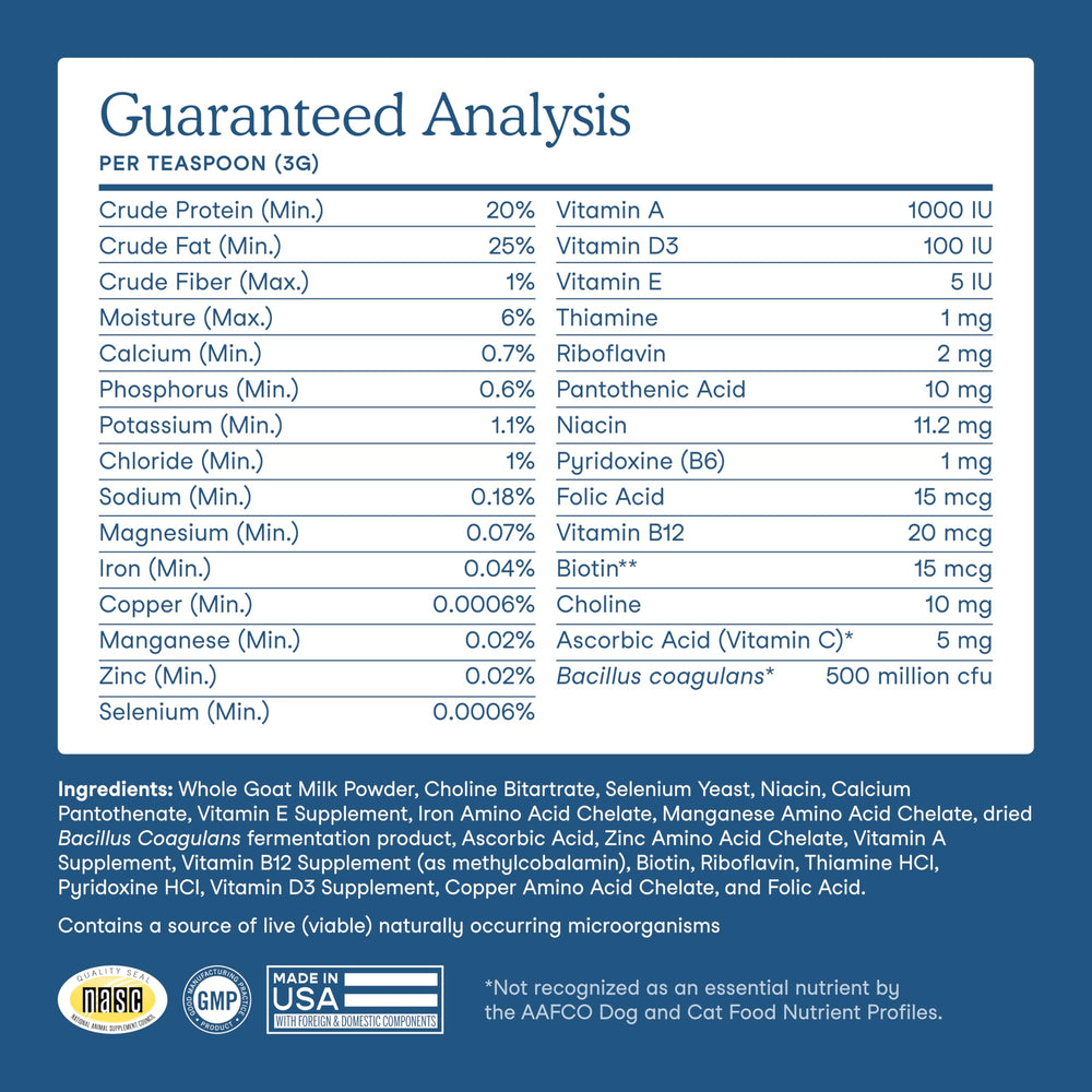 Fera Pets Goat Milk Topper USA-made label highlighting GMP compliance and domestic production.