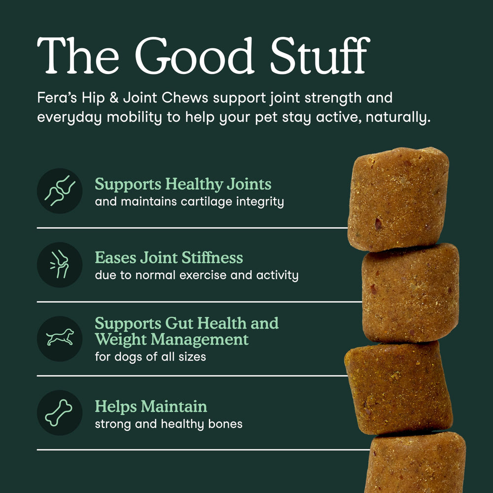 Fera Pets Hip & Joint Soft Chews close-up shows chew texture for easy administration.
