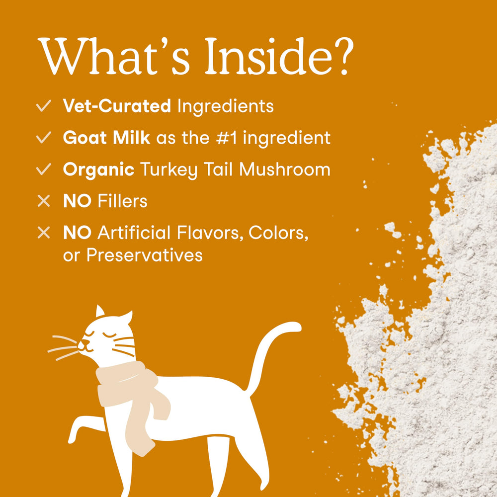 Close up of Fera Pets Immune Goat Milk topper packaging highlighting colostrum ingredient