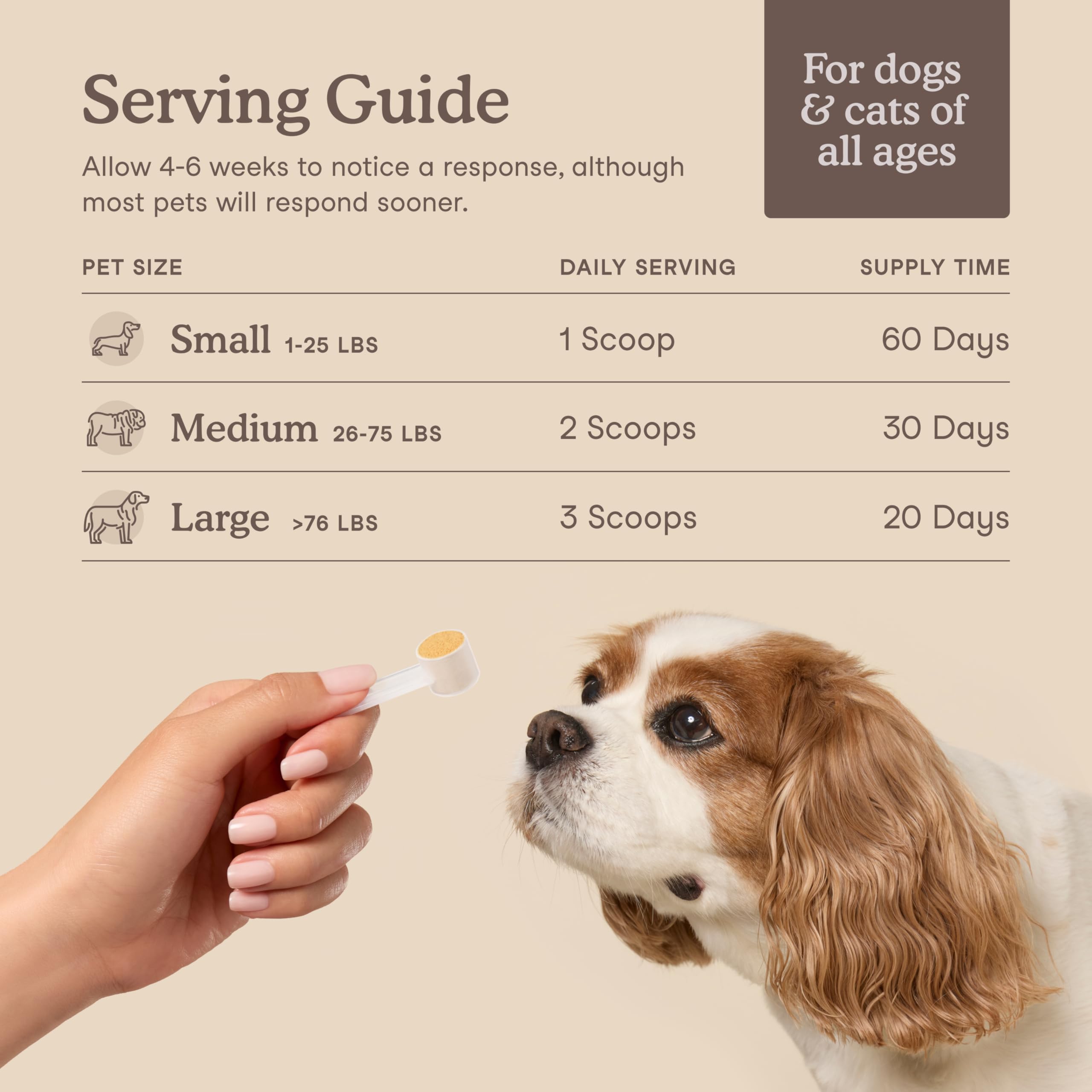 Fera Pets liver supplement scoop demonstrates weight-based dosing for pets