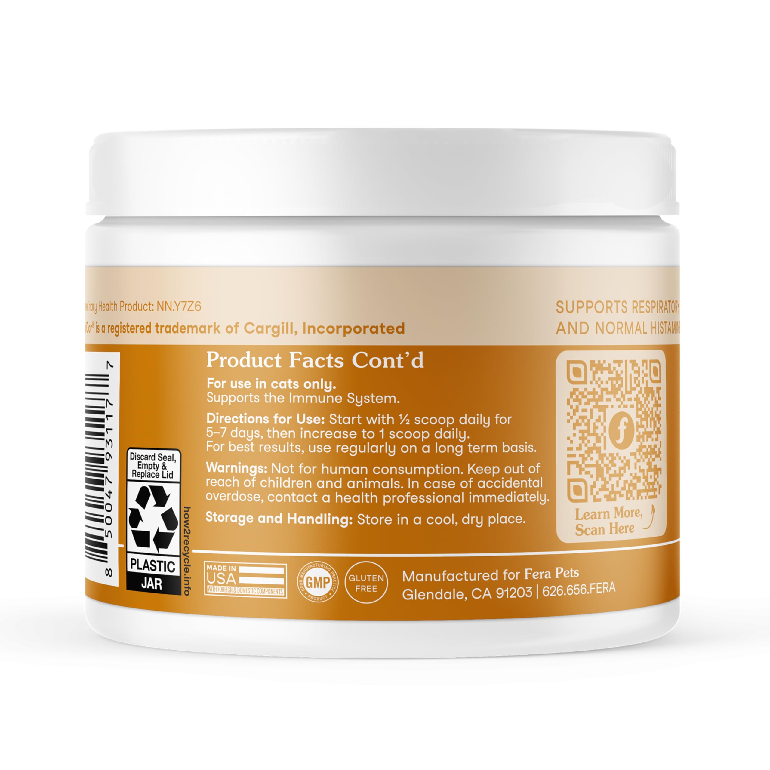 Fera Pets Lysine Powder cat image shows eye health support concept.