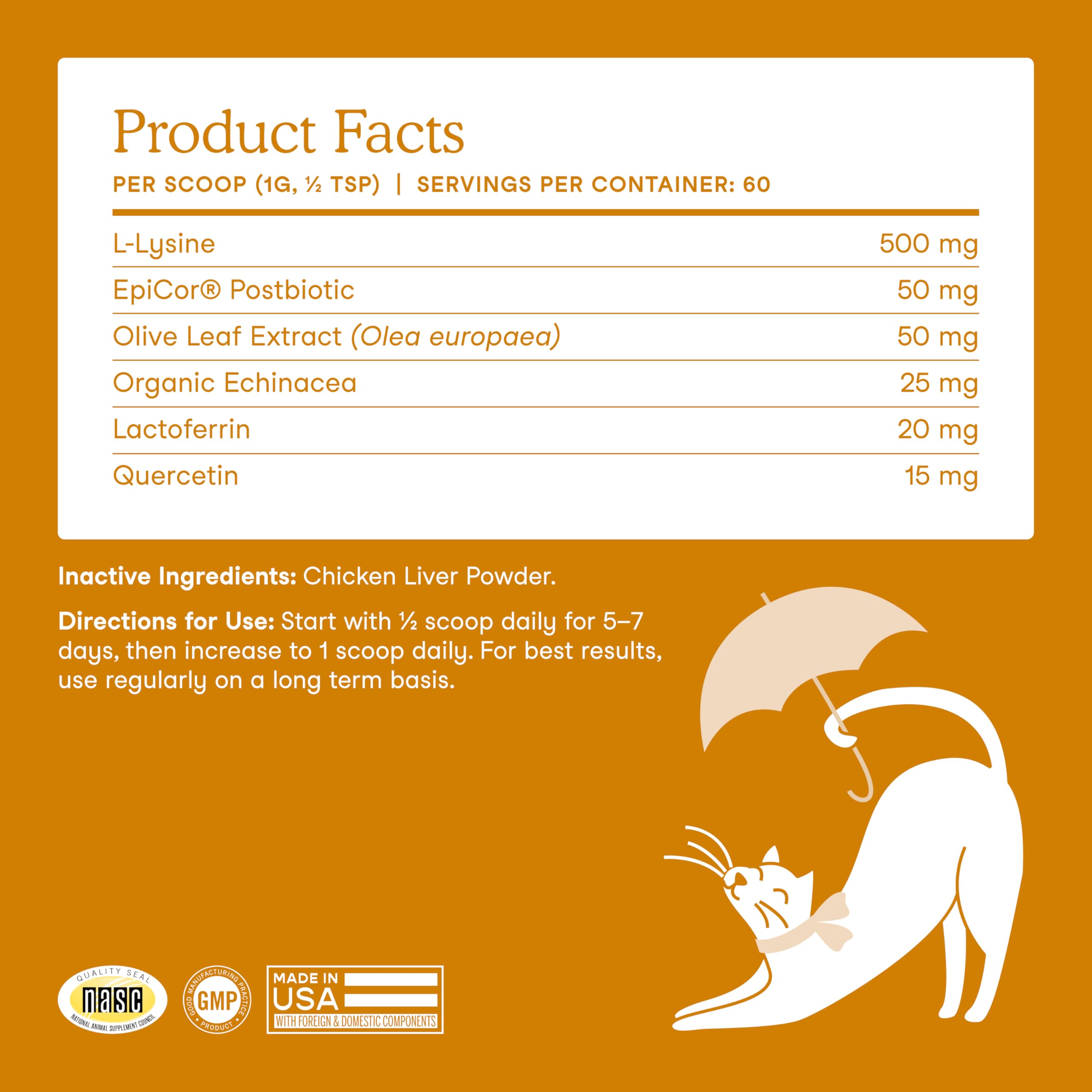 Fera Pets Lysine Powder ingredients center emphasizes postbiotics and echinacea.