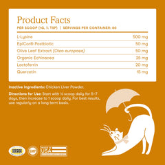 Fera Pets Lysine Powder ingredients center emphasizes postbiotics and echinacea.