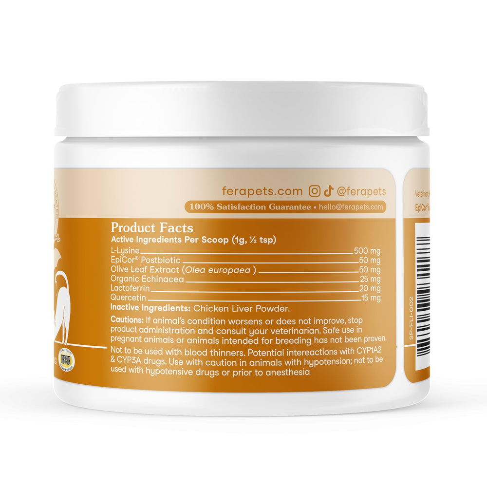 Fera Pets Lysine Powder packaging closeup suggests quality and trust.