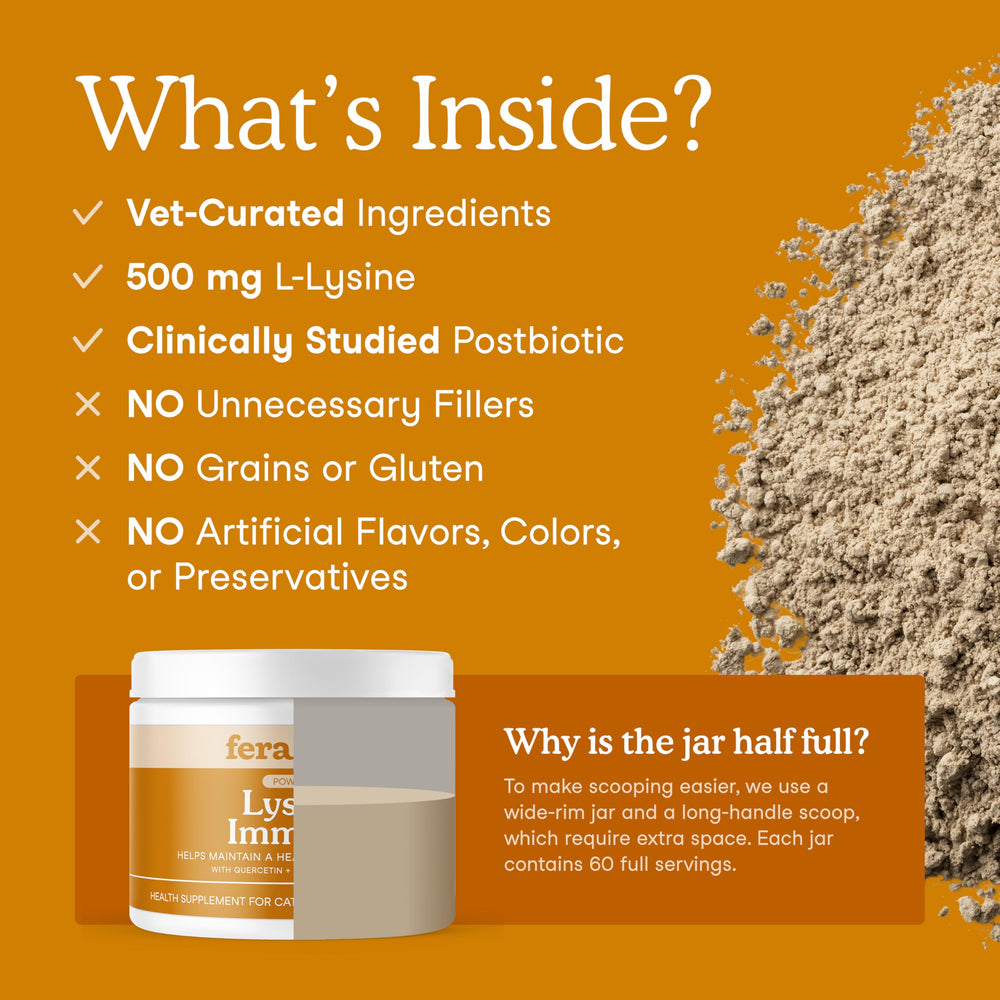 Fera Pets Lysine Powder scoops highlights simple daily dosing for cats.