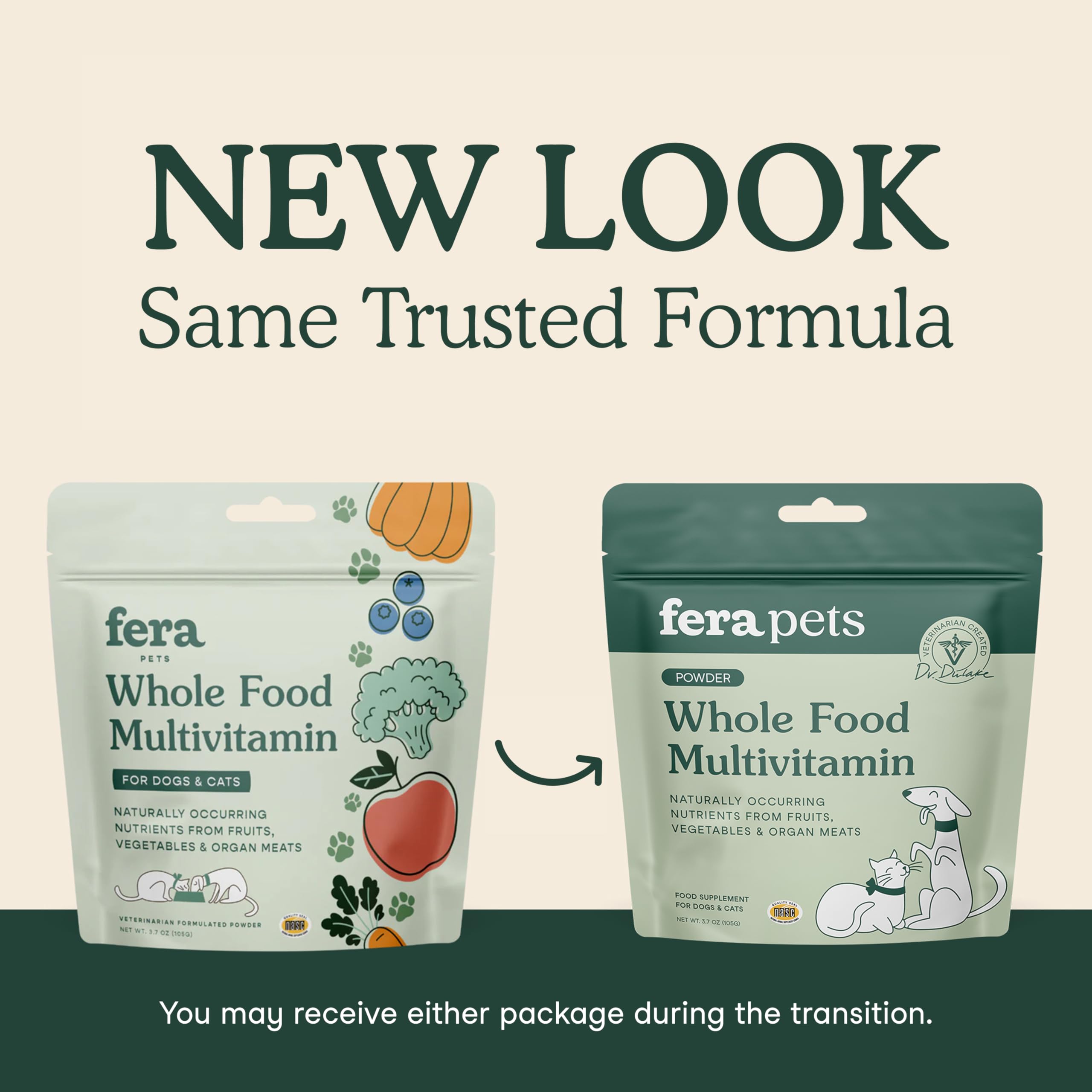 Fera Pets multivitamin powder dosing scoop provides easy, precise topping for meals.