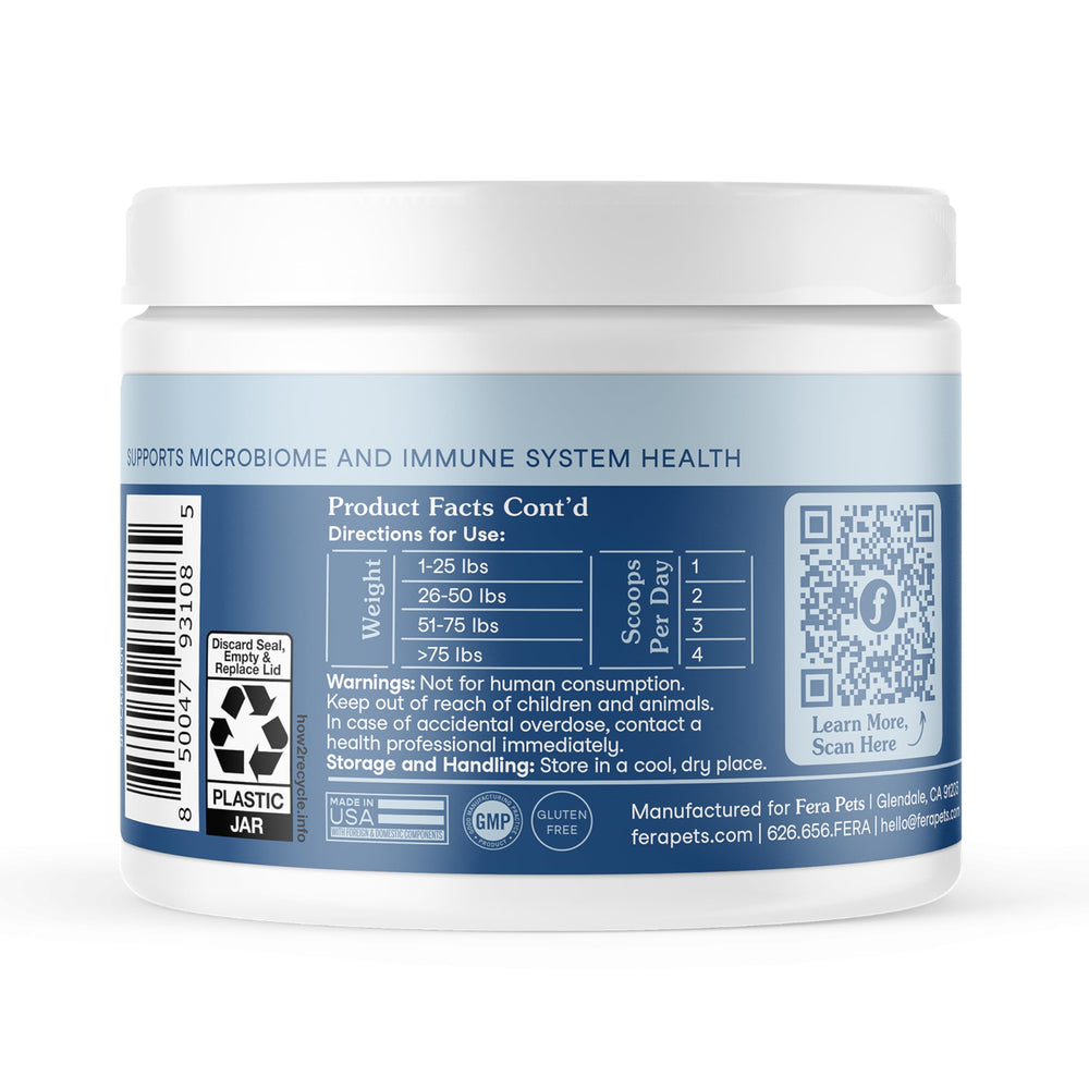 Fera Pets Postbiotics Plus Prebiotics concept art depicts gut health balance.