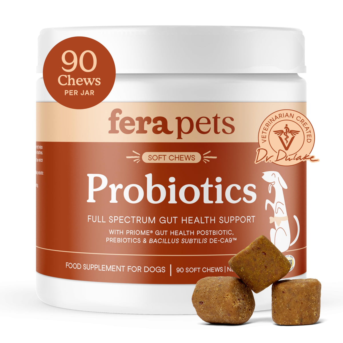 Fera Pets Probiotics dog chews bottle shows packaging for on-the-go gut support.