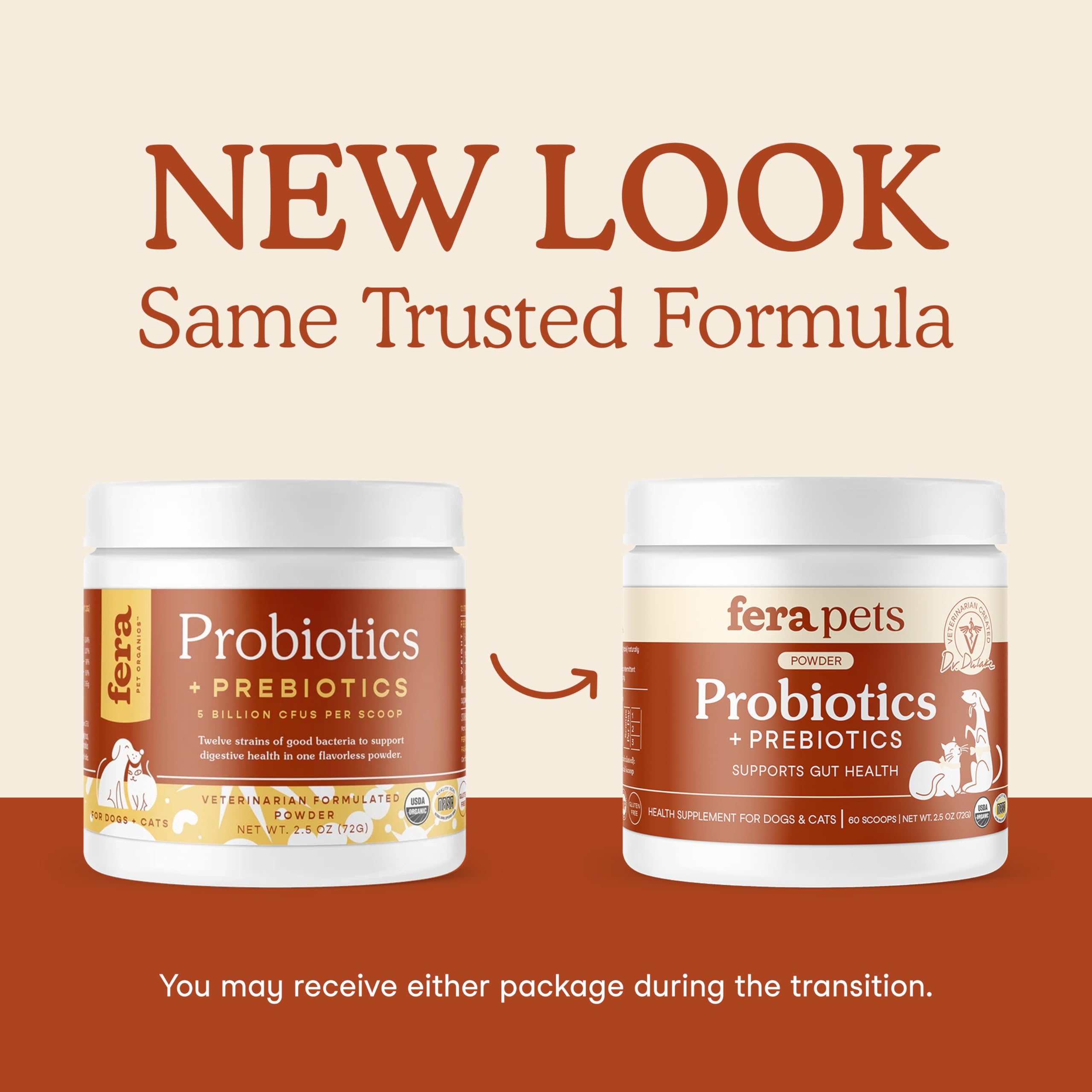 Fera Pets Probiotics dog-serving visual shows easy dosing for balanced digestion.