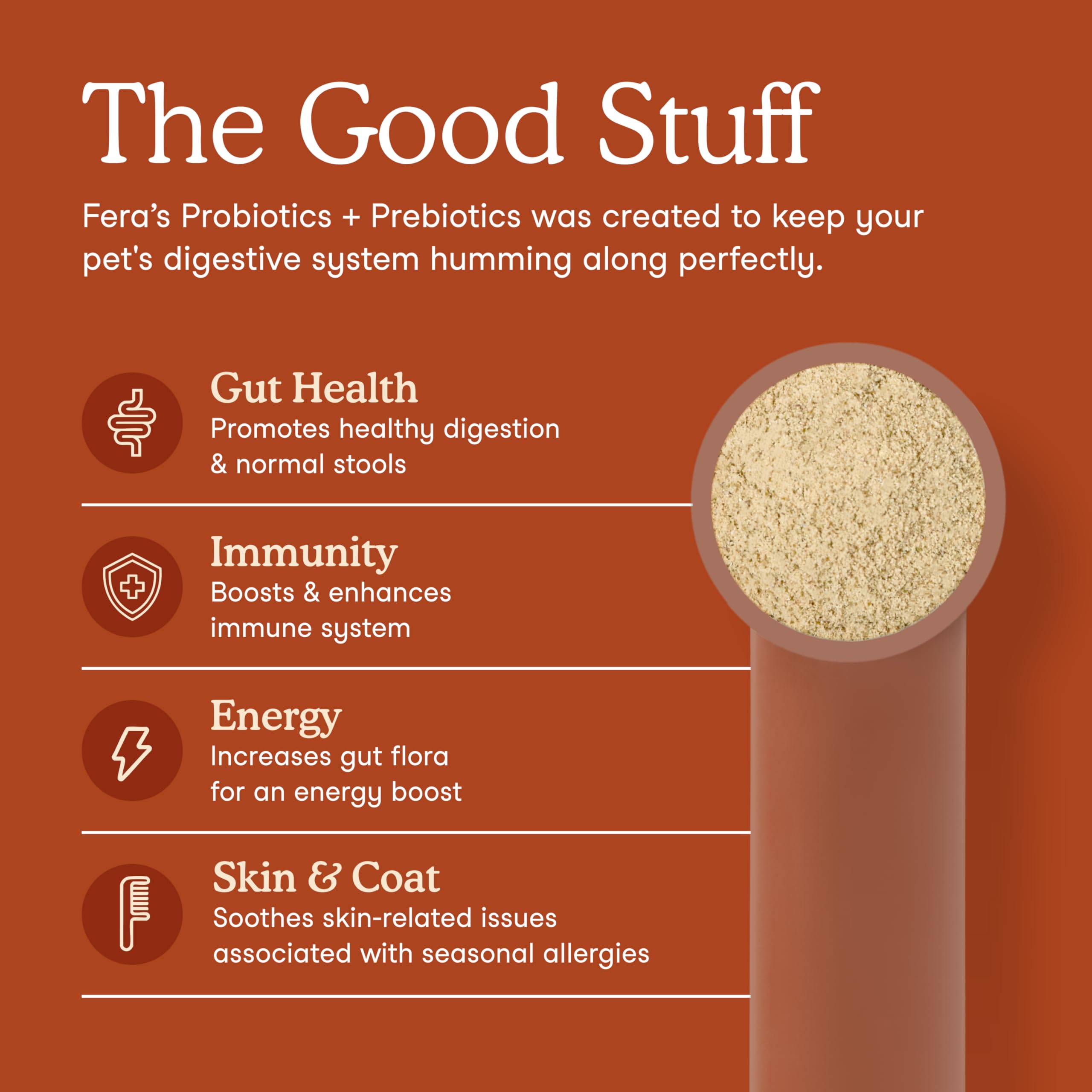 Fera Pets Probiotics powder texture closeup highlights a flavorless formula for picky eaters.
