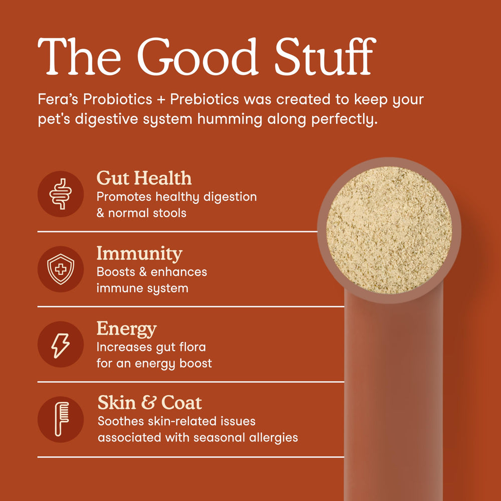 Fera Pets Probiotics powder texture closeup highlights a flavorless formula for picky eaters.