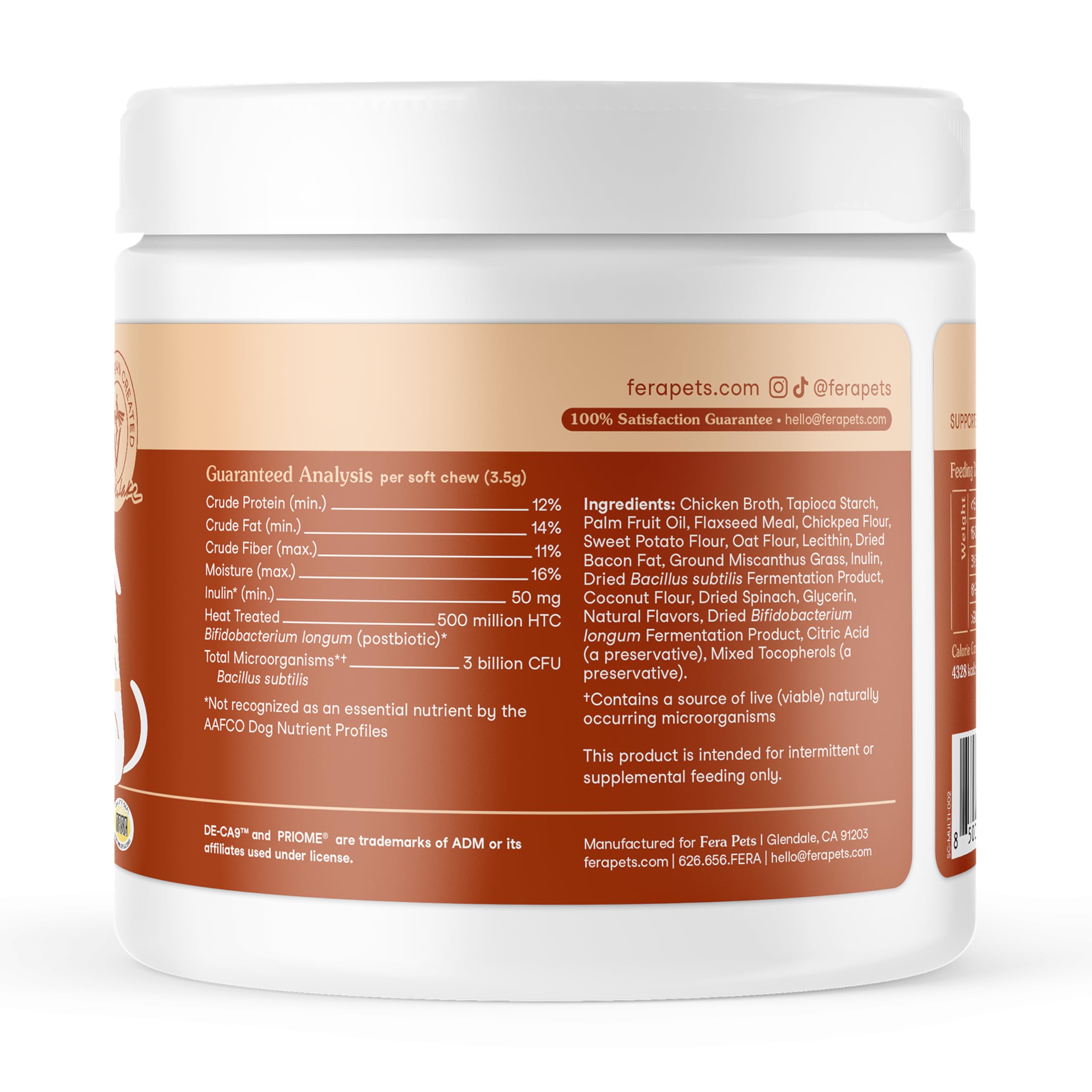 Fera Pets Probiotics satisfaction guarantee text signals trust and risk-free trial.
