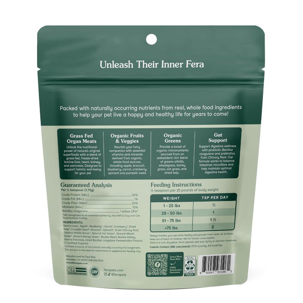 Fera Pets veterinarian-formulated powder by Dr. Dulake adds professional care to meals.