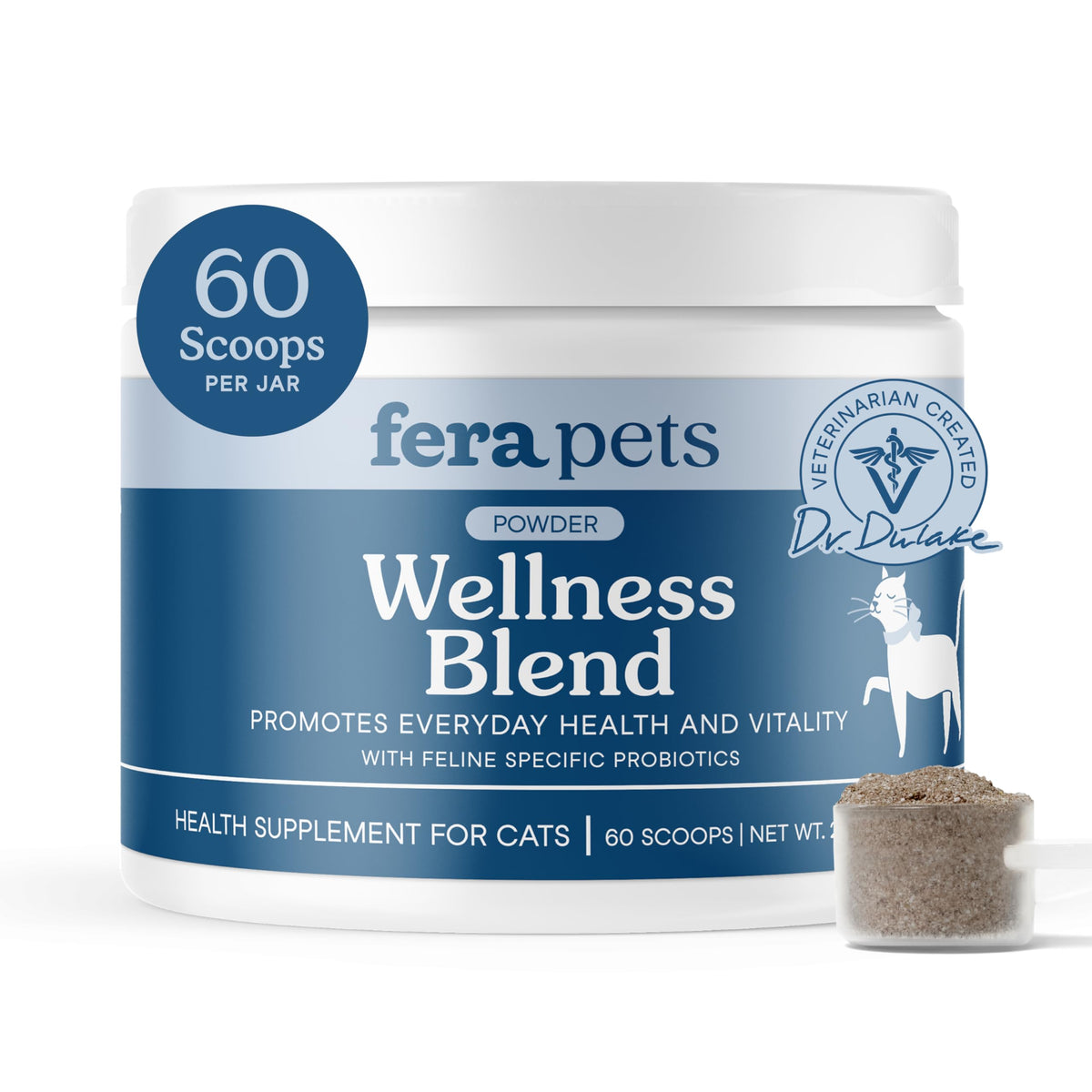 Fera Pets Wellness Blend tub with scoop showing easy dosing for joints
