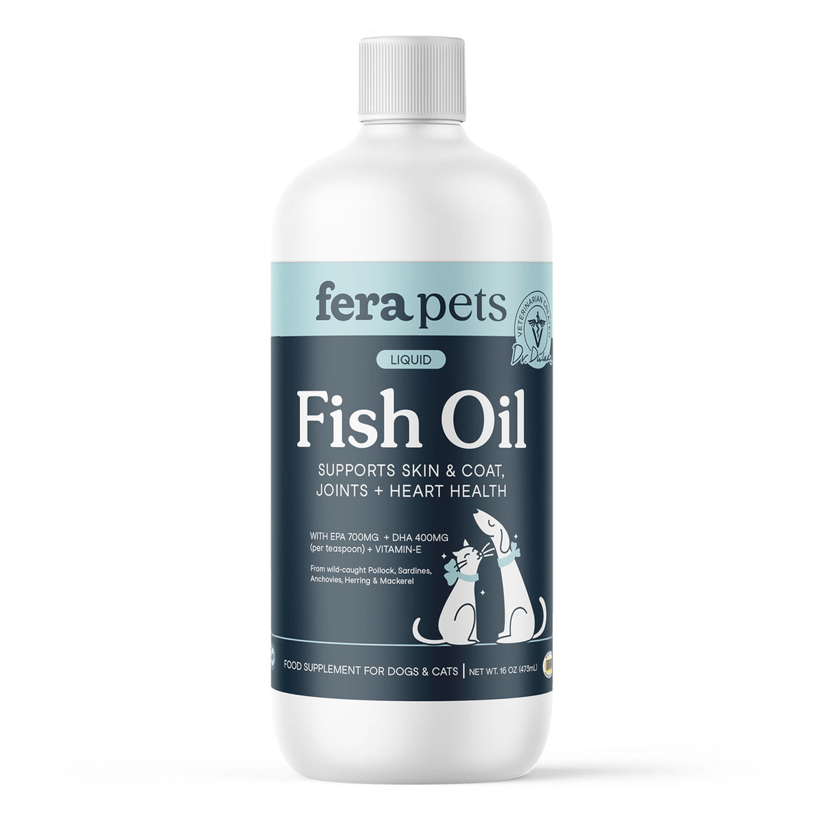 Fera Pets Fish Oil 16oz bottle closeup for coat health and easy dosing