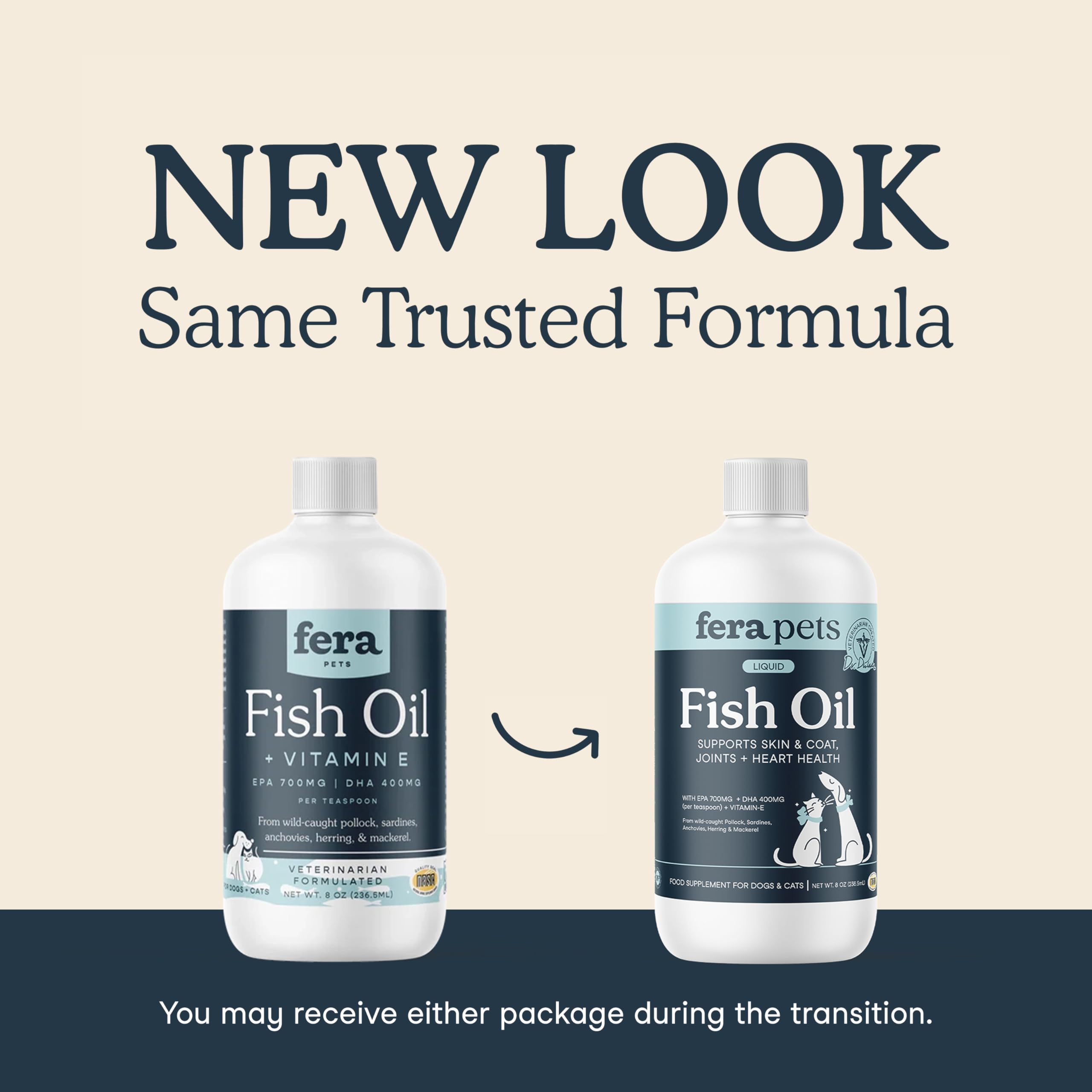 Fera Pets Fish Oil bottle pour demonstrating convenient meal toppers