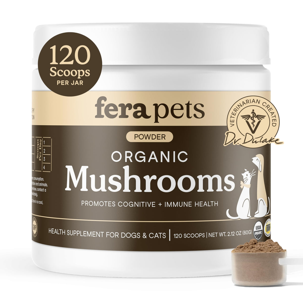 Fera Pets mushroom supplement bottle shows support for immune and cognitive function.
