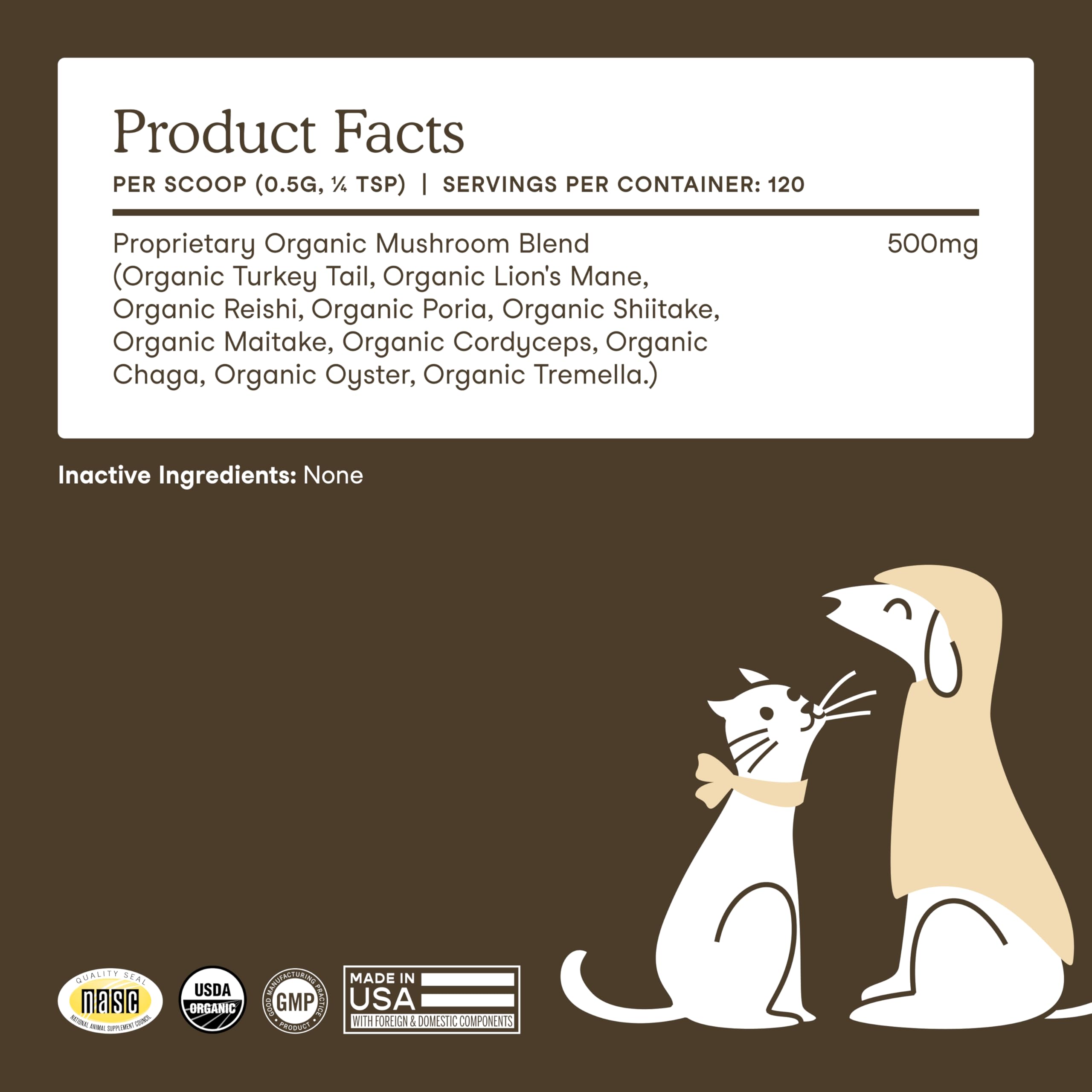 Fera Pets organic mushroom blend ingredients list showcases diverse fungi.