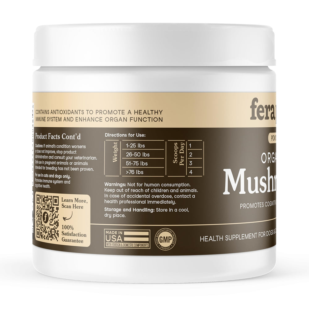 Fera Pets spoon-dispensed powder beside bowl suggests easy meal-time mixing.