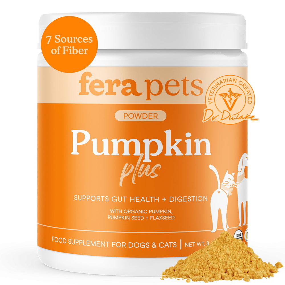 Fera Pets Pumpkin Plus packaging highlights organic fiber for digestive balance.