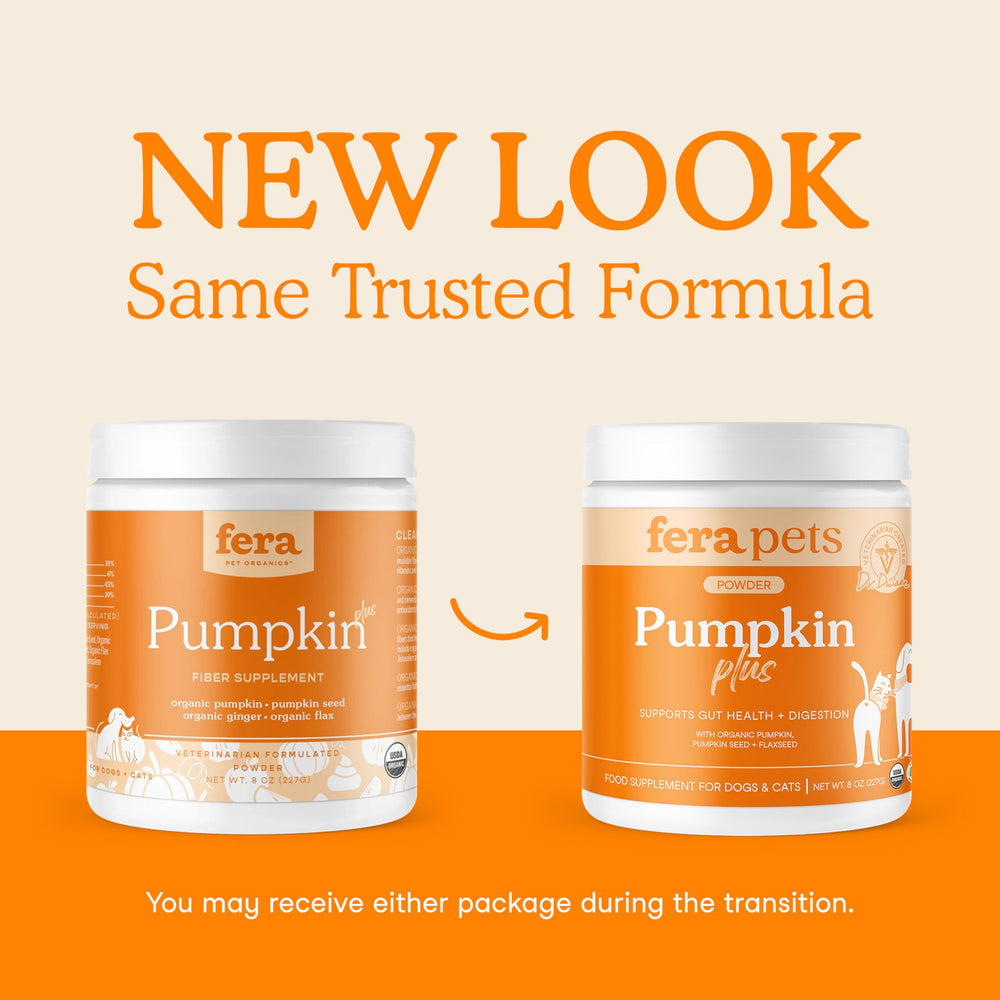 Fera Pets Pumpkin Plus powder with scoop demonstrates easy feeding topping.