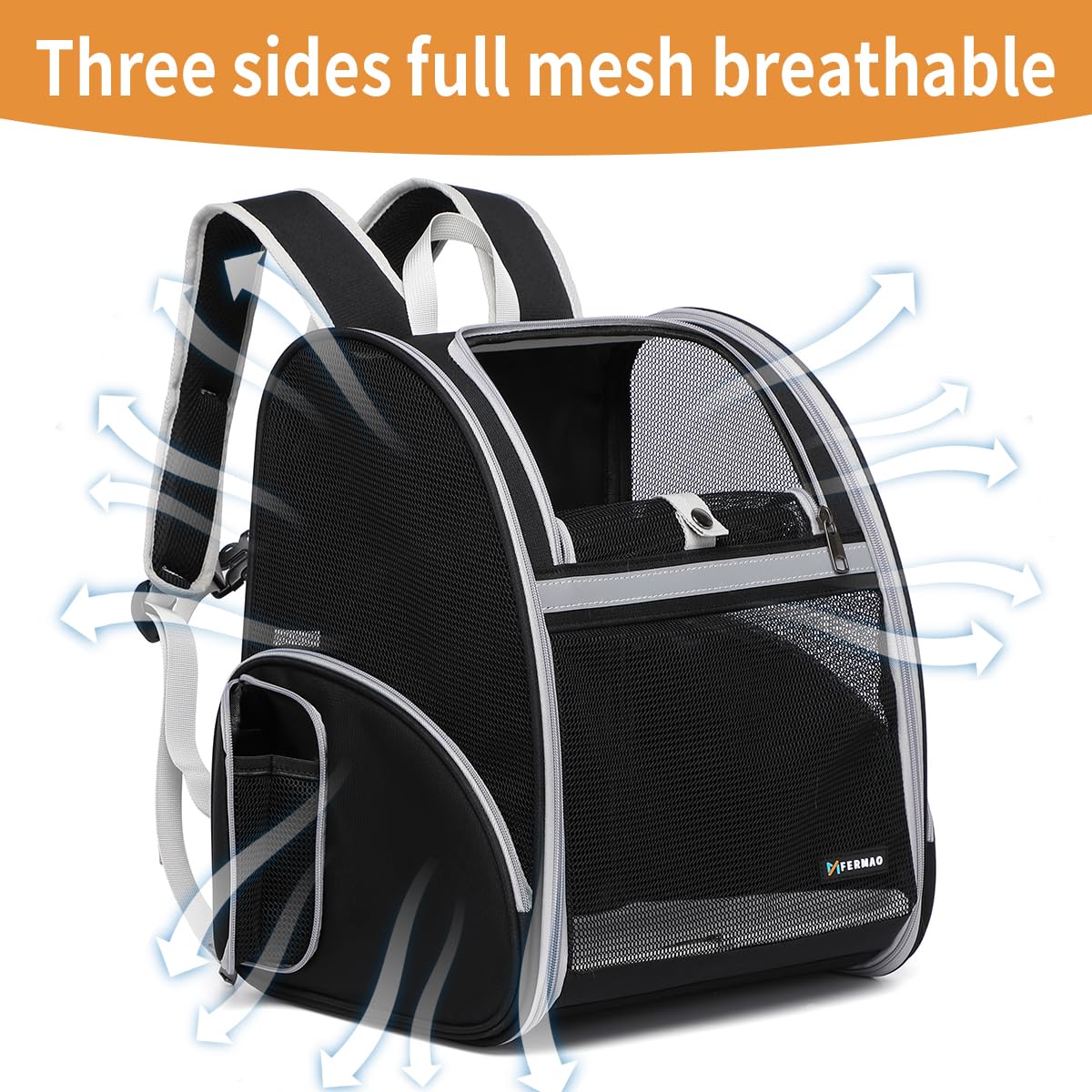 FERMAO Cat Backpack Carrier front view shows secure entry and accessible pockets for essentials.