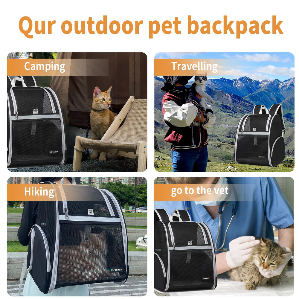 FERMAO Cat Backpack Carrier mesh ventilation highlights breathable comfort during outdoor adventures.