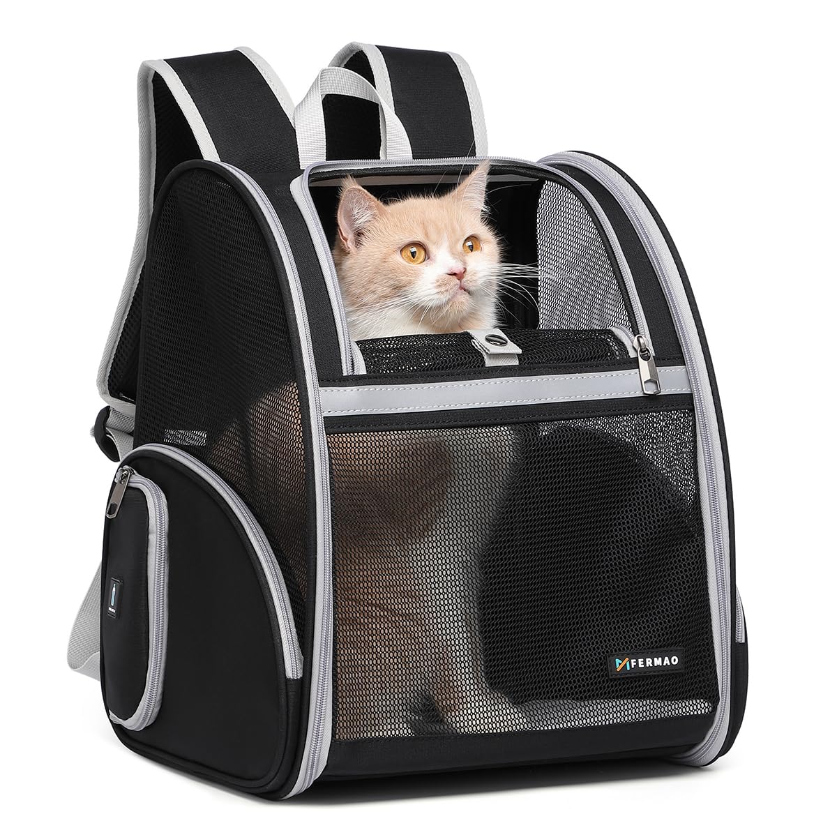 FERMAO Cat Backpack Carrier side view for hands-free pet travel and visibility.