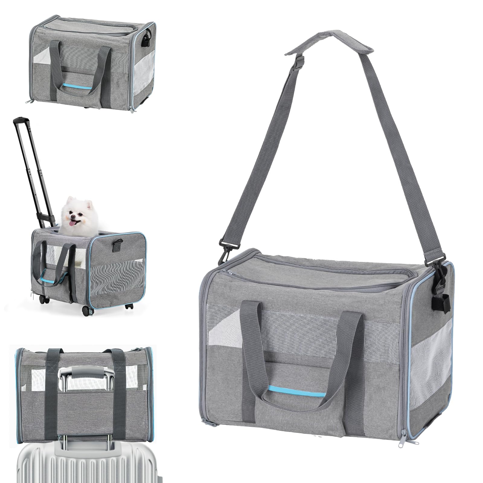 Ferrafay pet carrier rolling setup shows effortless mobility for adventures with small pets up to 20 lbs.